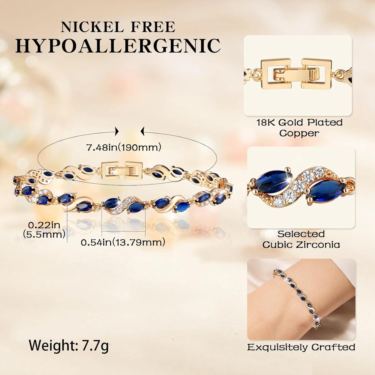 Eternity Bracelet Blue Cubic Zirconia, Sapphire Bracelet, 18K Gold Plated Hypoallergenic Bracelets -7.48inch/190mm