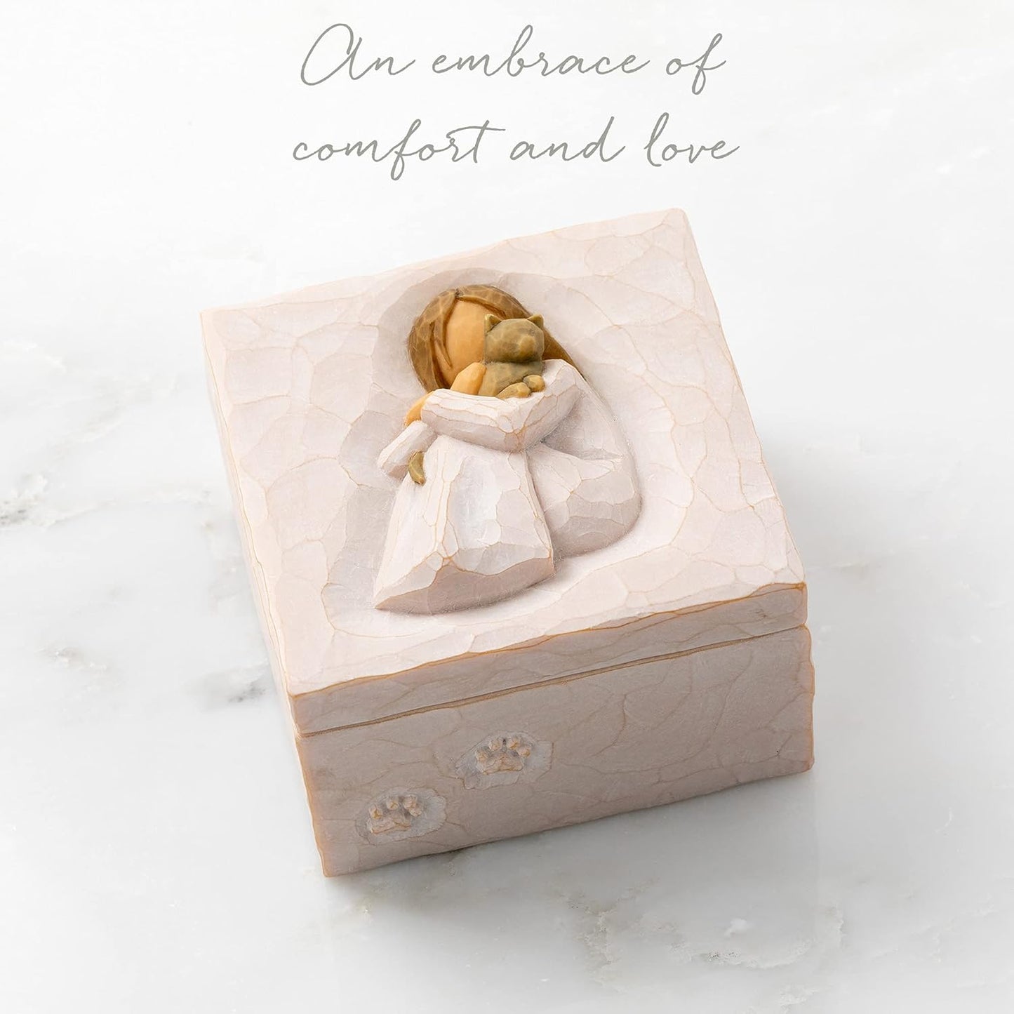 Box for Jewelry and Treasures with Bas-Relief Carving of Girl with Puppy Dog, Sculpted Hand-Painted Keepsake Box