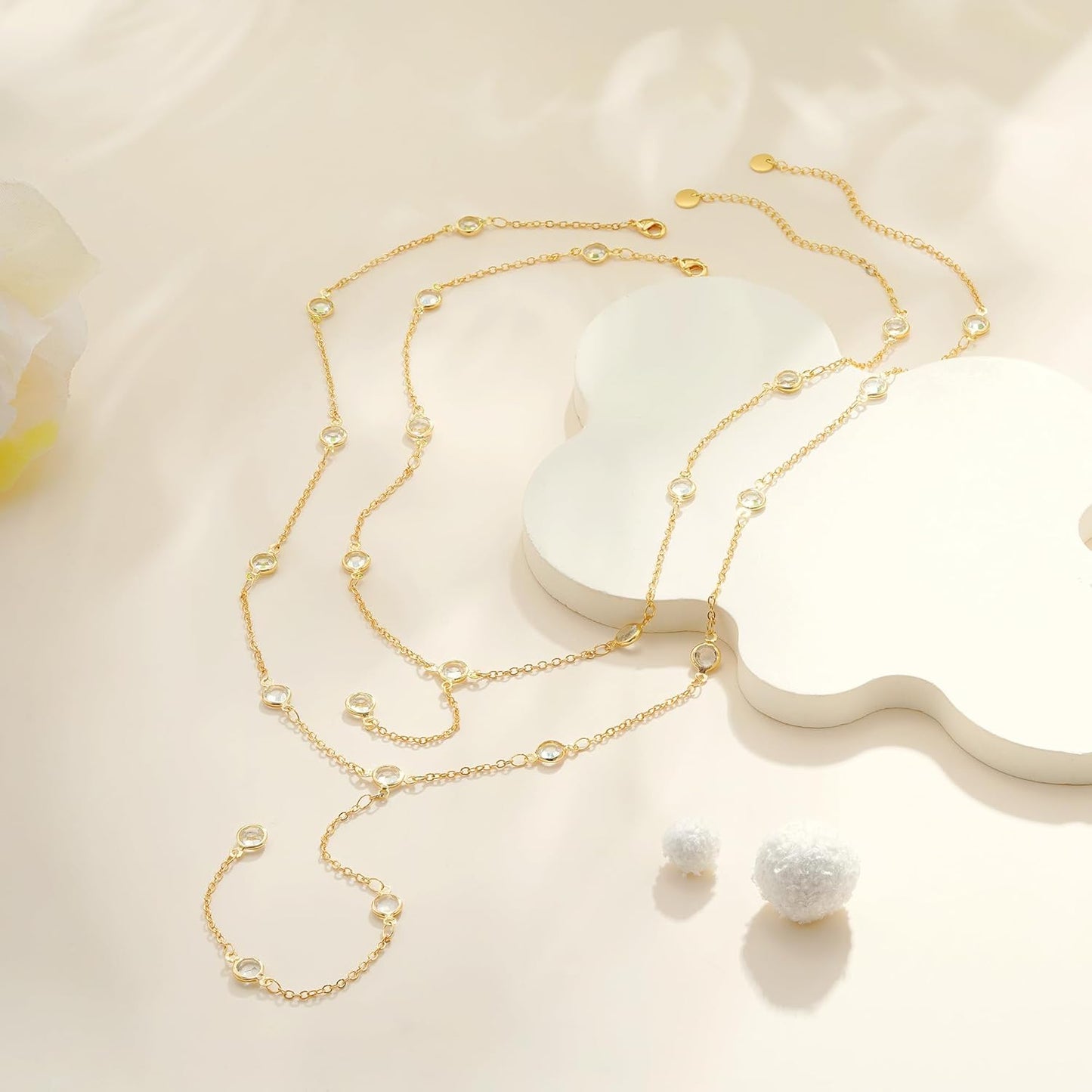 14K Gold Plated Lariat Necklace for Women - Y-Shaped Layered Bar & Beaded Chain