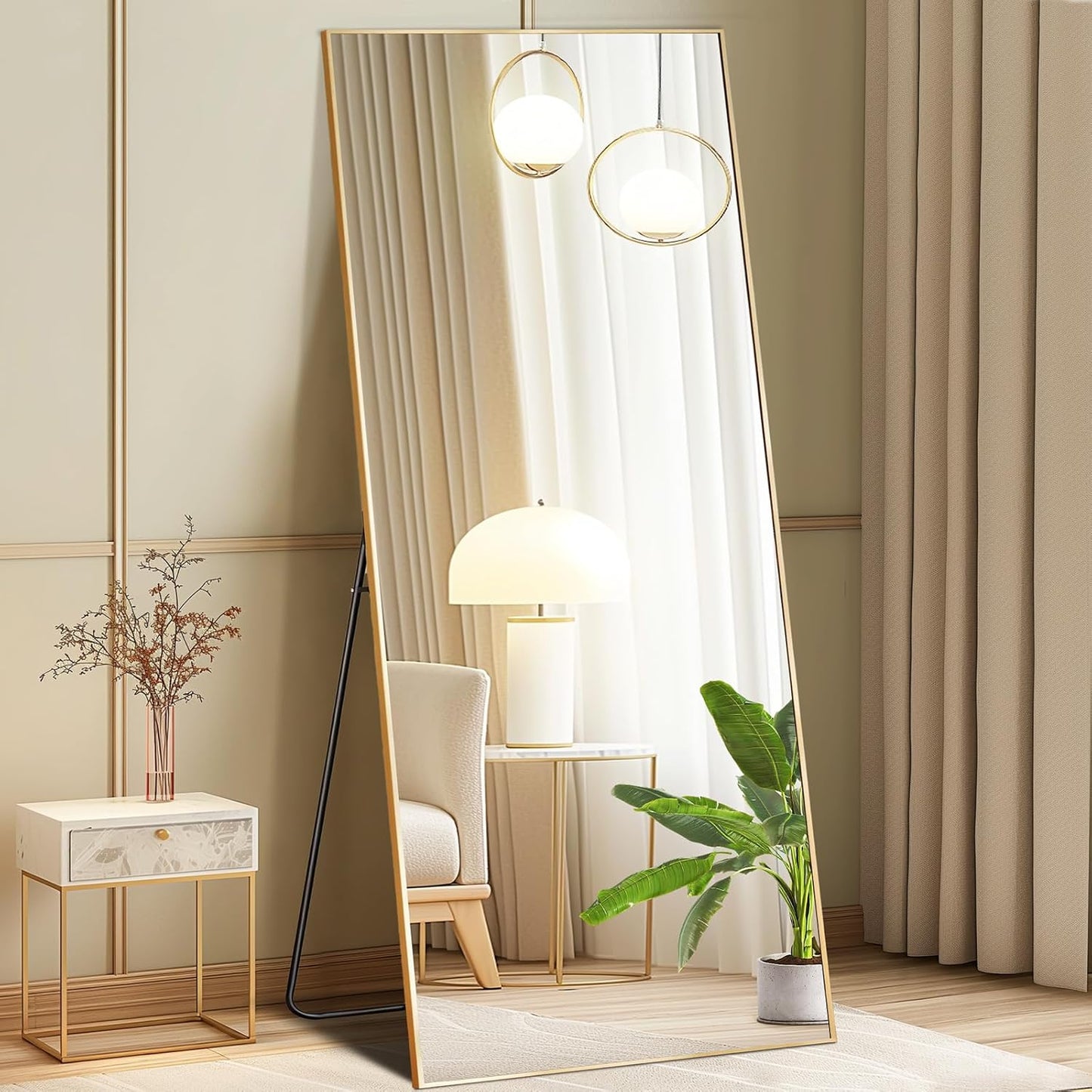 Arched Full Length Mirror with Stand 64"x21" Floor Standing Aluminum Frame for Bedroom Body Hanging