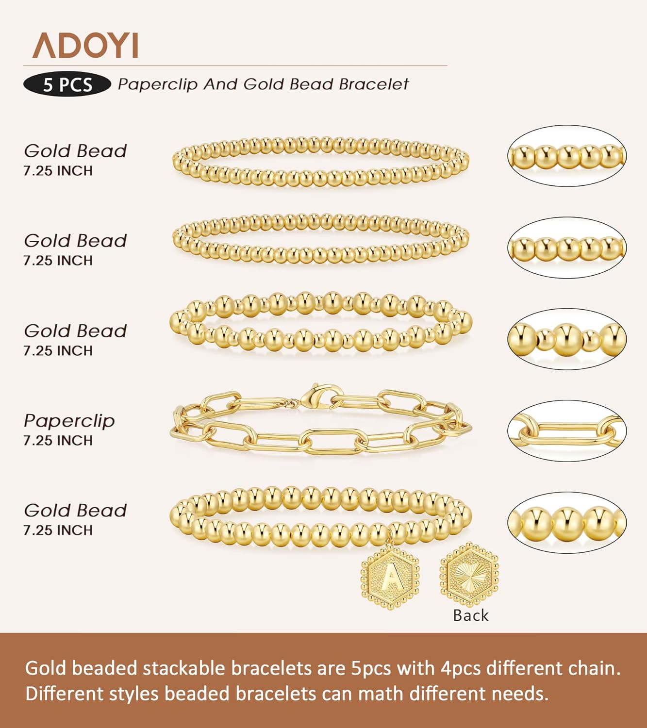 adoyi Gold Bracelets for Women Waterproof, 14K Gold Plated Beaded Strand Bead Ball Bracelets stack