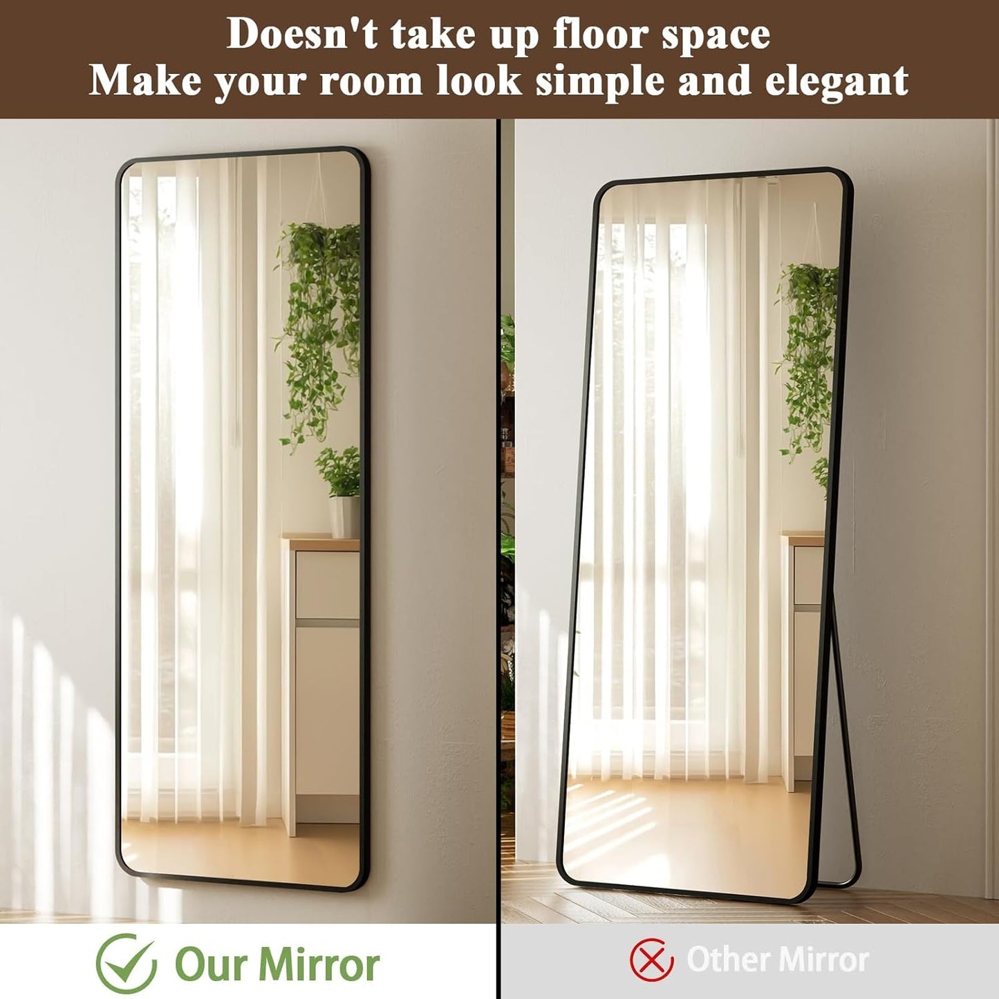 14"x48" Full Length Over The Door Mirror - Aluminum Alloy Frame Full with Height-Adjustable Hangers