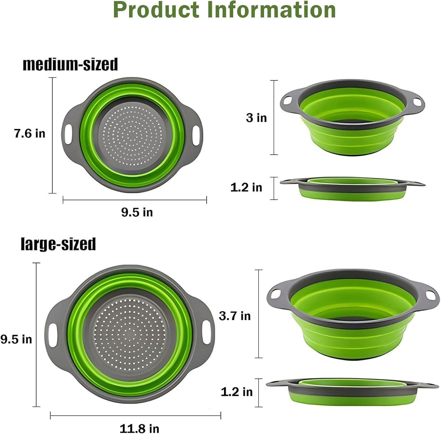 Collapsible Colander Set of Perfect for Draining Pasta, Vegetable and fruit for Kitchen and Travel Use (green)