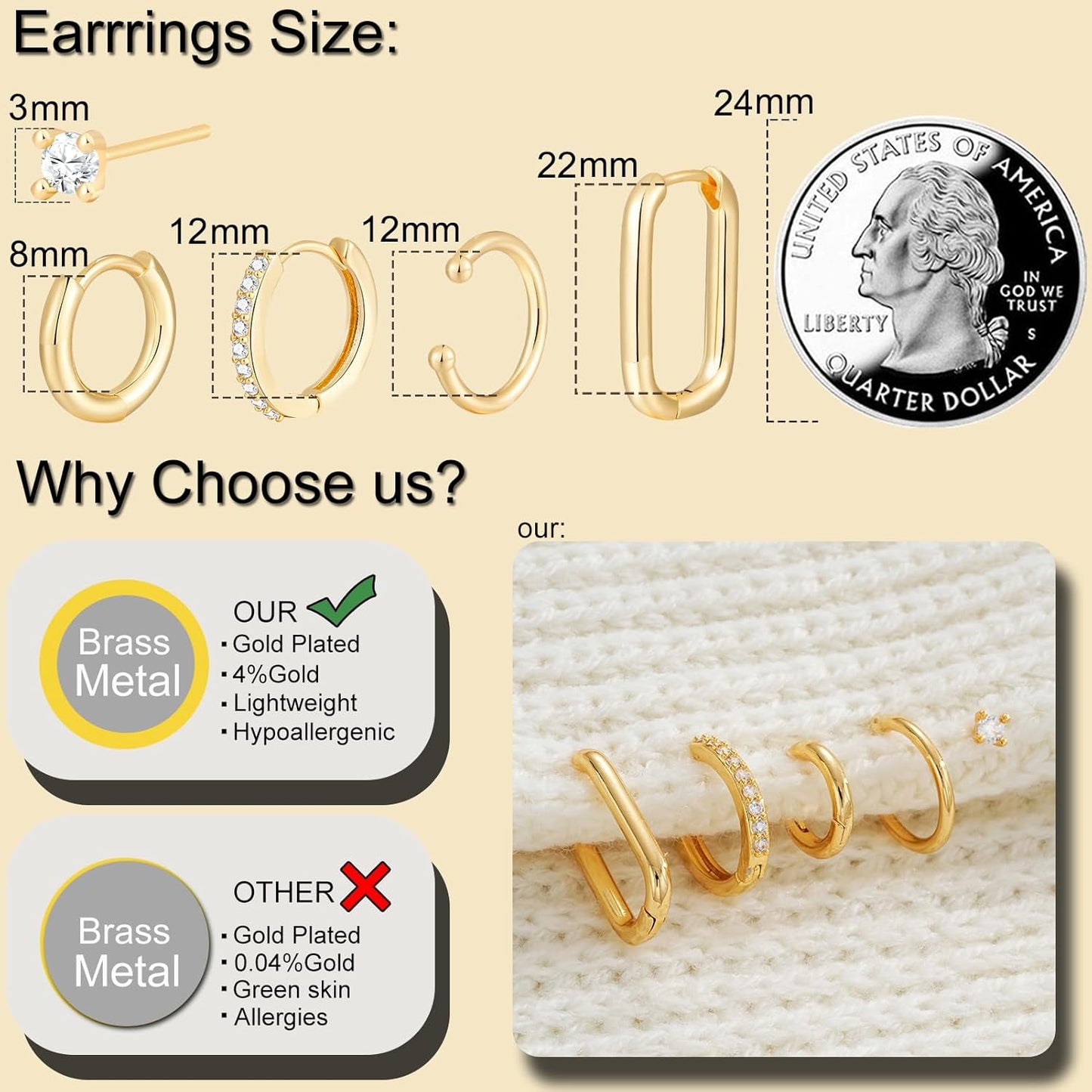 Small Gold Hoop Earrings Set for Women, 14K Gold Plated Lightweight Earrings Sets for Multiple Piercing