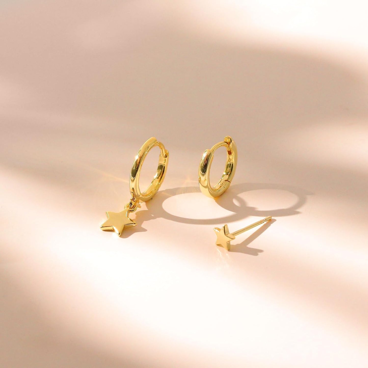 3 Pairs Small Gold Hoop Earring, 14K Gold Plated Earring Stacks Butterfly Heart Star Moon Bow Four Leaf Rhombus Round CZ Pearl