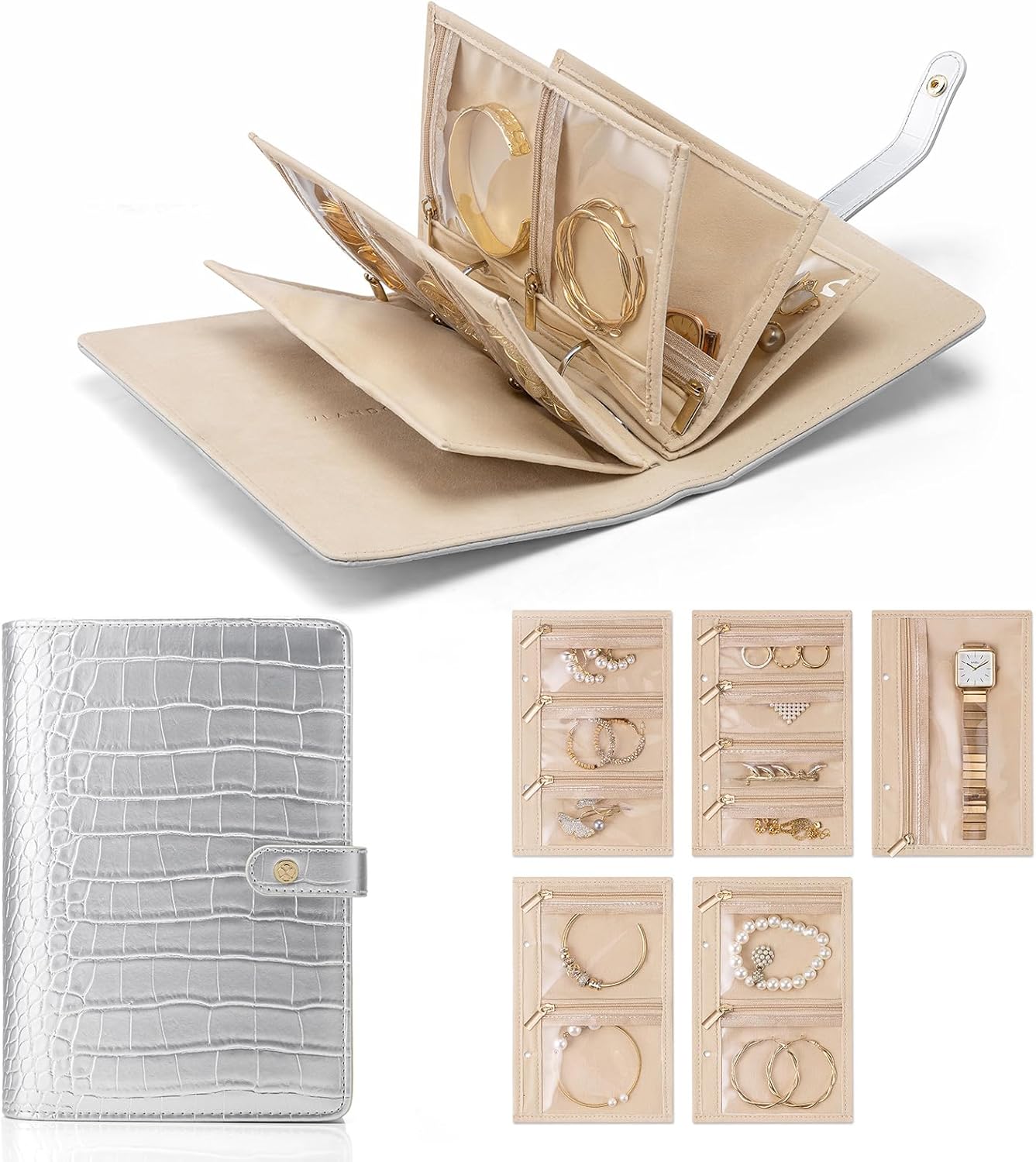 Travel Jewelry Organizer Case,Jewelry Storage Book Ring Binder with Clear Zipper Velvet Pouch Bag