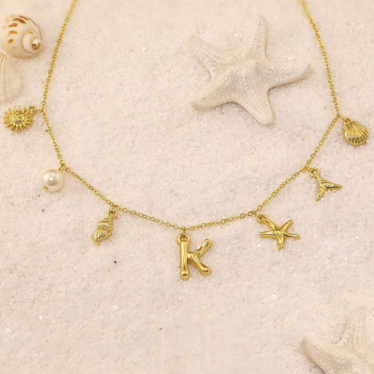 Summer Beach Necklace - 14K Gold Shell Initial Pendant Boho Jewelry