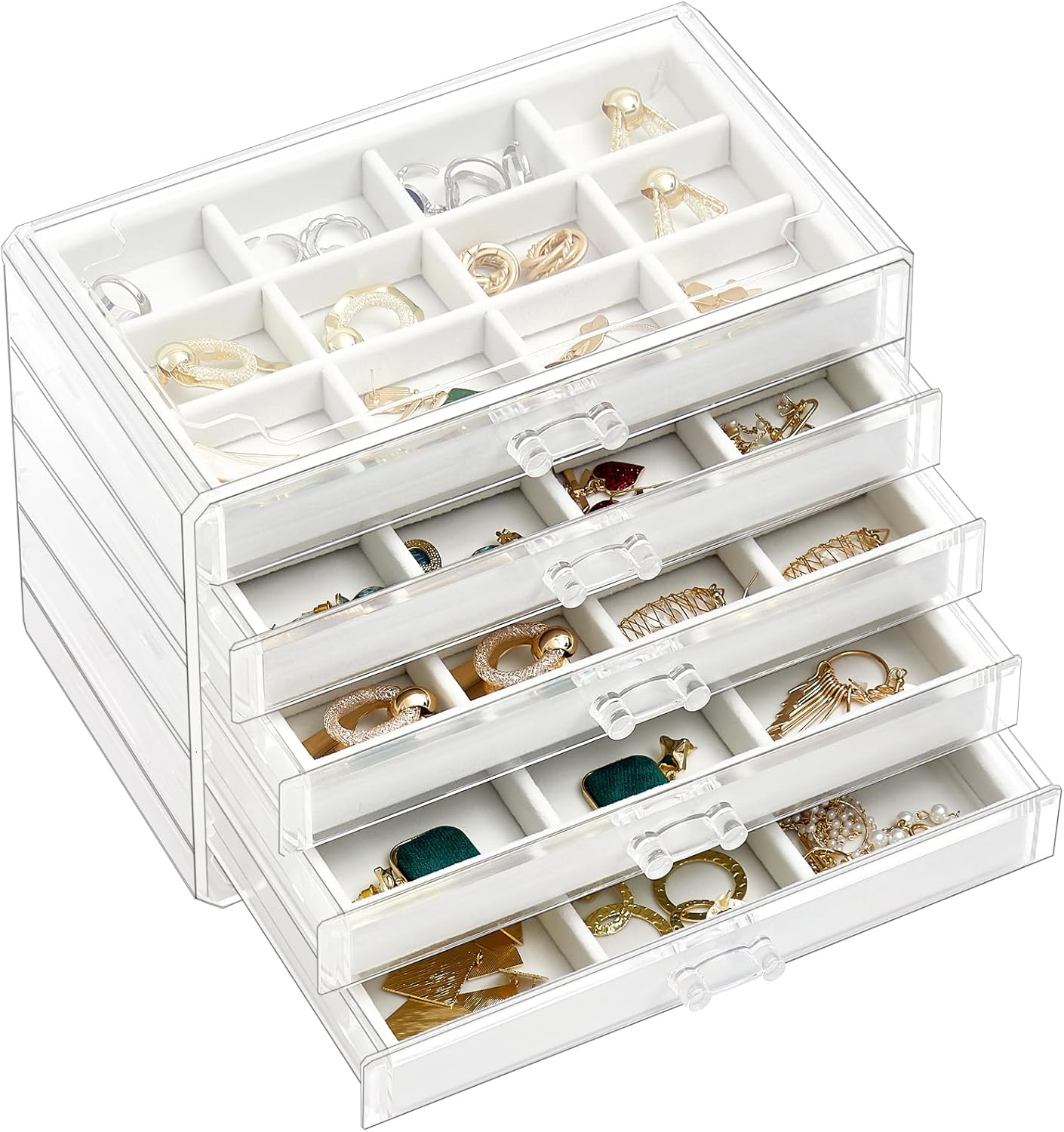 5 Layers Earring Holder Organizer Jewelry Box with 5 Drawers, Acrylic Clear Earring Case with