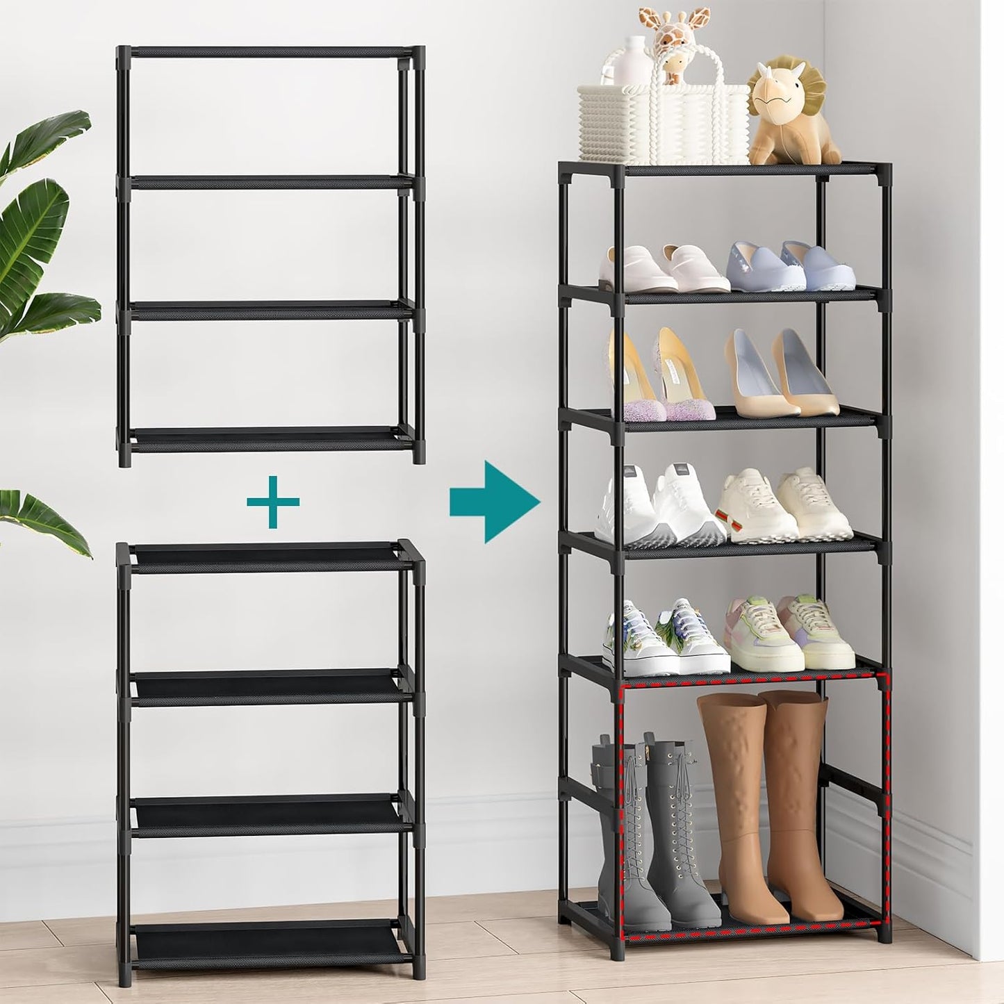4 Tier Small Shoe Rack, Narrow Stackable Adult Shoe Storage Organizer