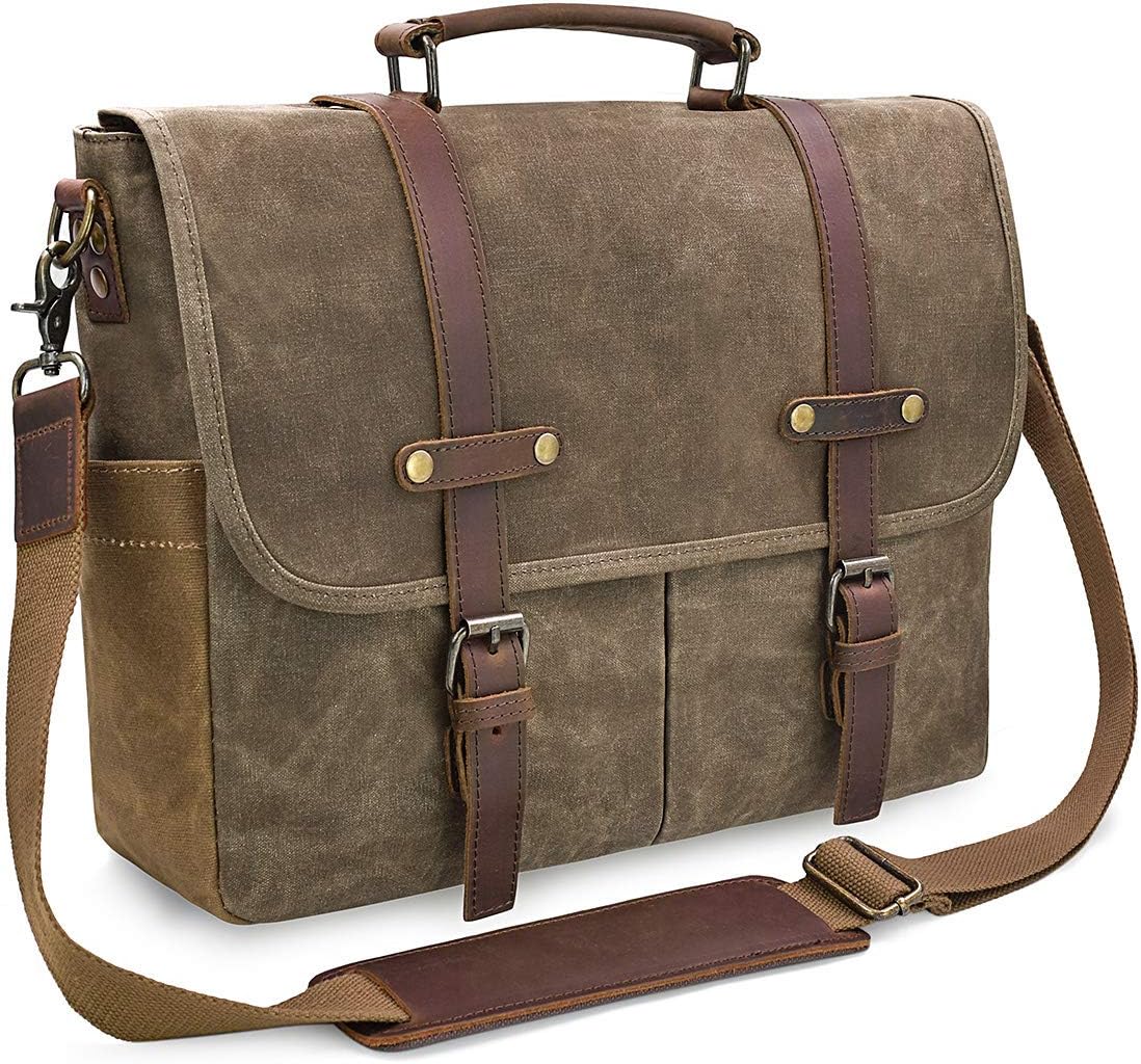 15.6 Inch Mens Messenger Bag Waterproof Vintage Genuine Leather Waxed Canvas Briefcase Large Leather Computer
