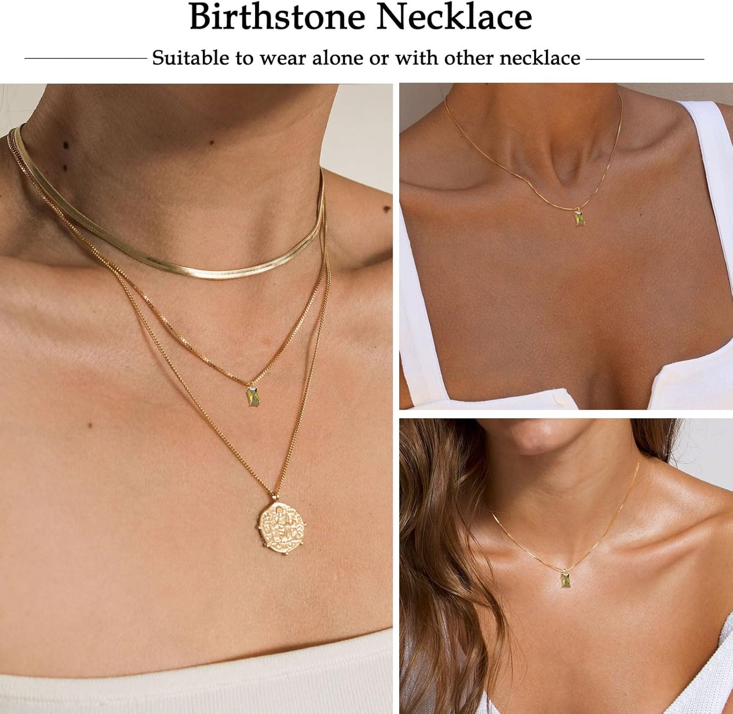Emerald Birthstone Necklace, 14K Gold Plated Dainty Pendant for Women & Mothers, Green Cubic Zirconia Birthday Gift Jewelry