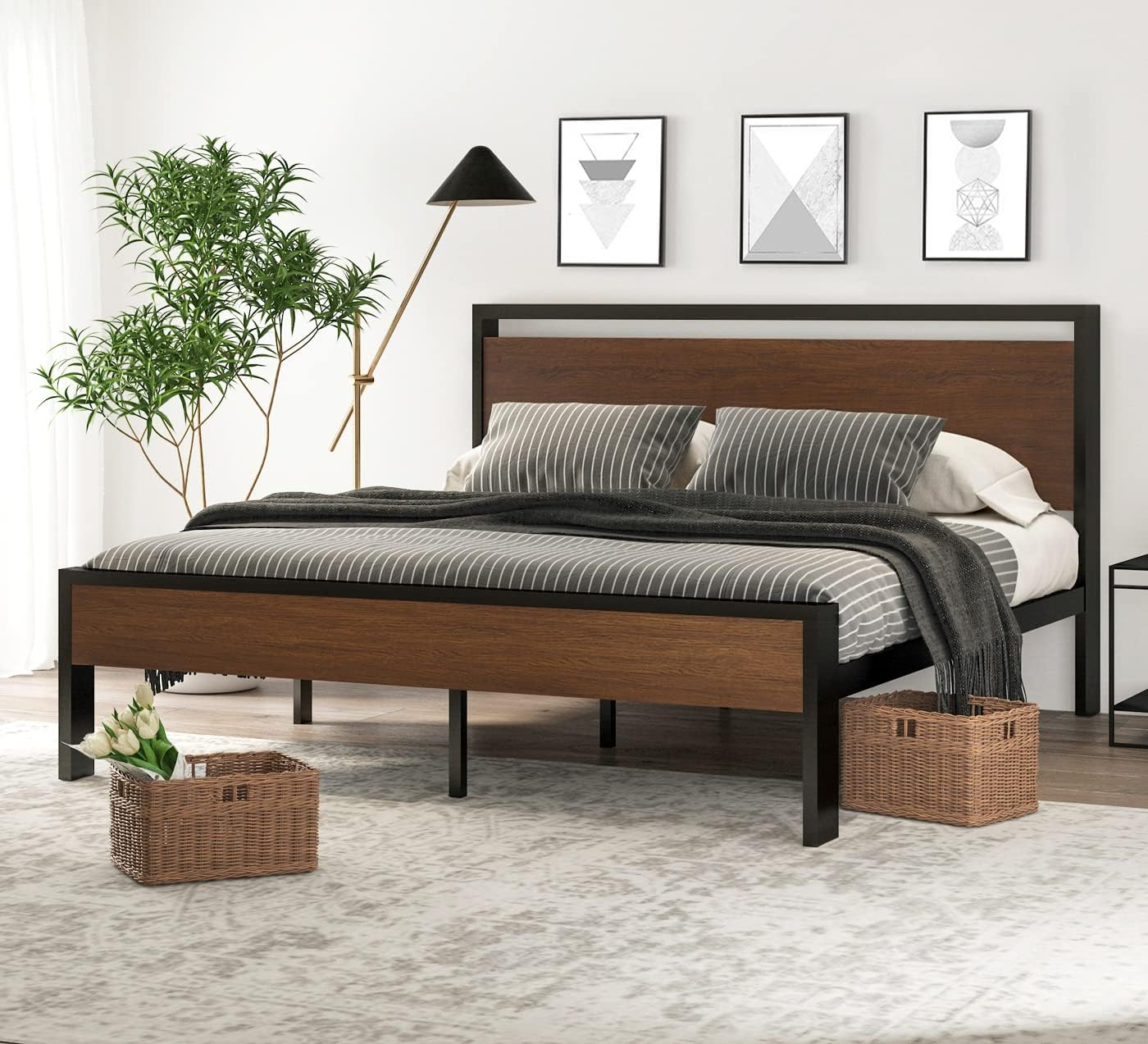 King Size Metal Platform Bed Frame with Wooden Headboard and Footboard, Mattress Foundation, No Box Spring Needed