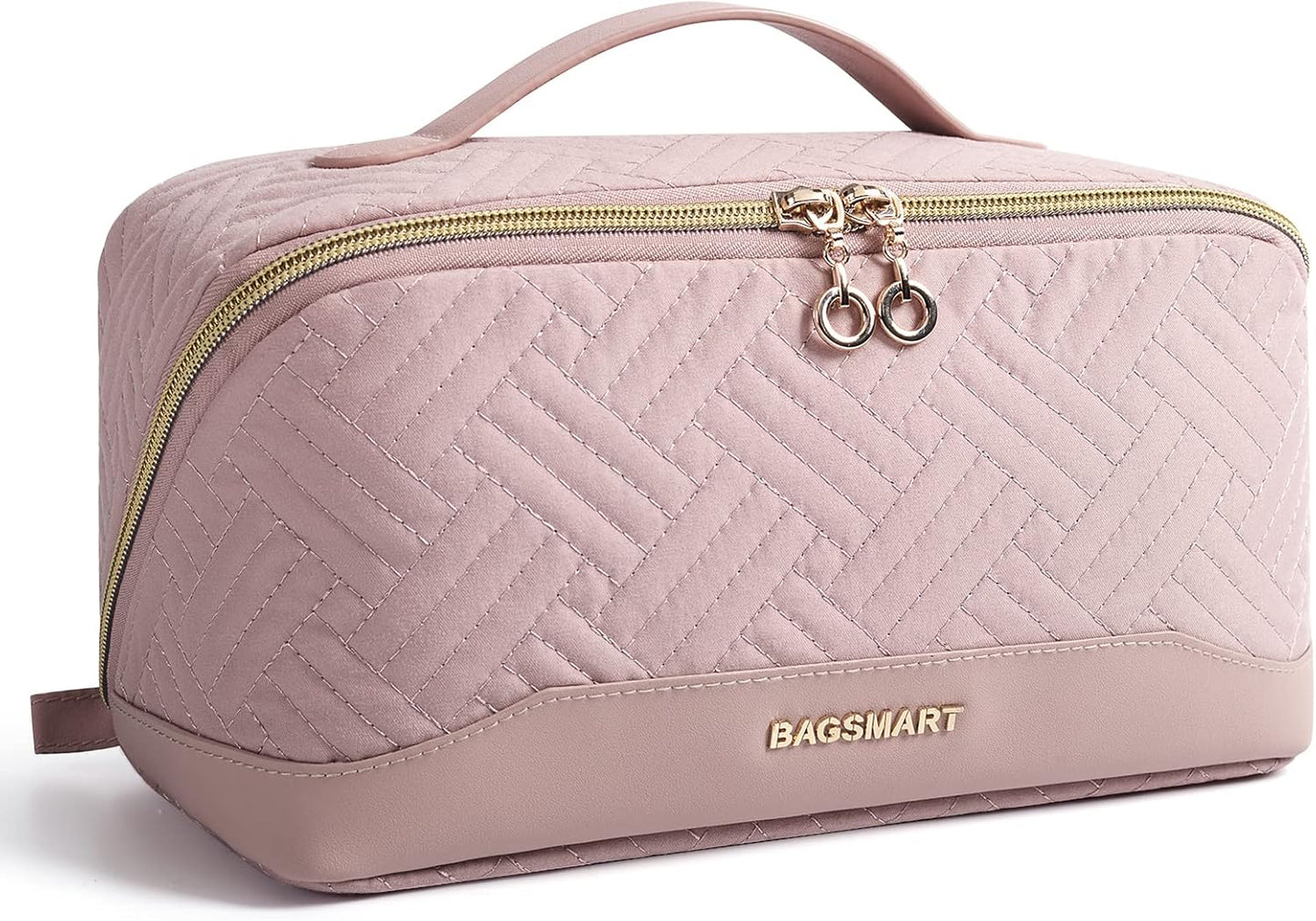 Travel Makeup Bag for Women, Portable Water-resistant Cosmetic Case, Puffy Padded Make Up Organizer Pouch, Open Flat Toiletry Bag for Toiletries, Brushes, Pink