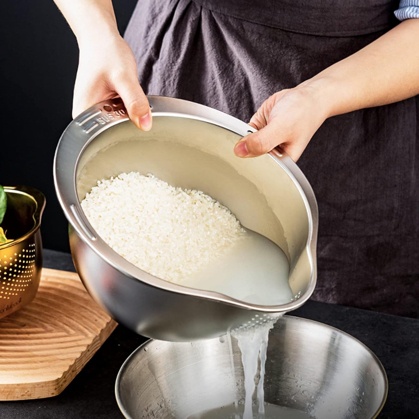 4-in-1 Washing Bowl for Quinoa, Stainless Steel Rinser With Side Drainers Small Colander for Cleaning Fruits, Vegetables