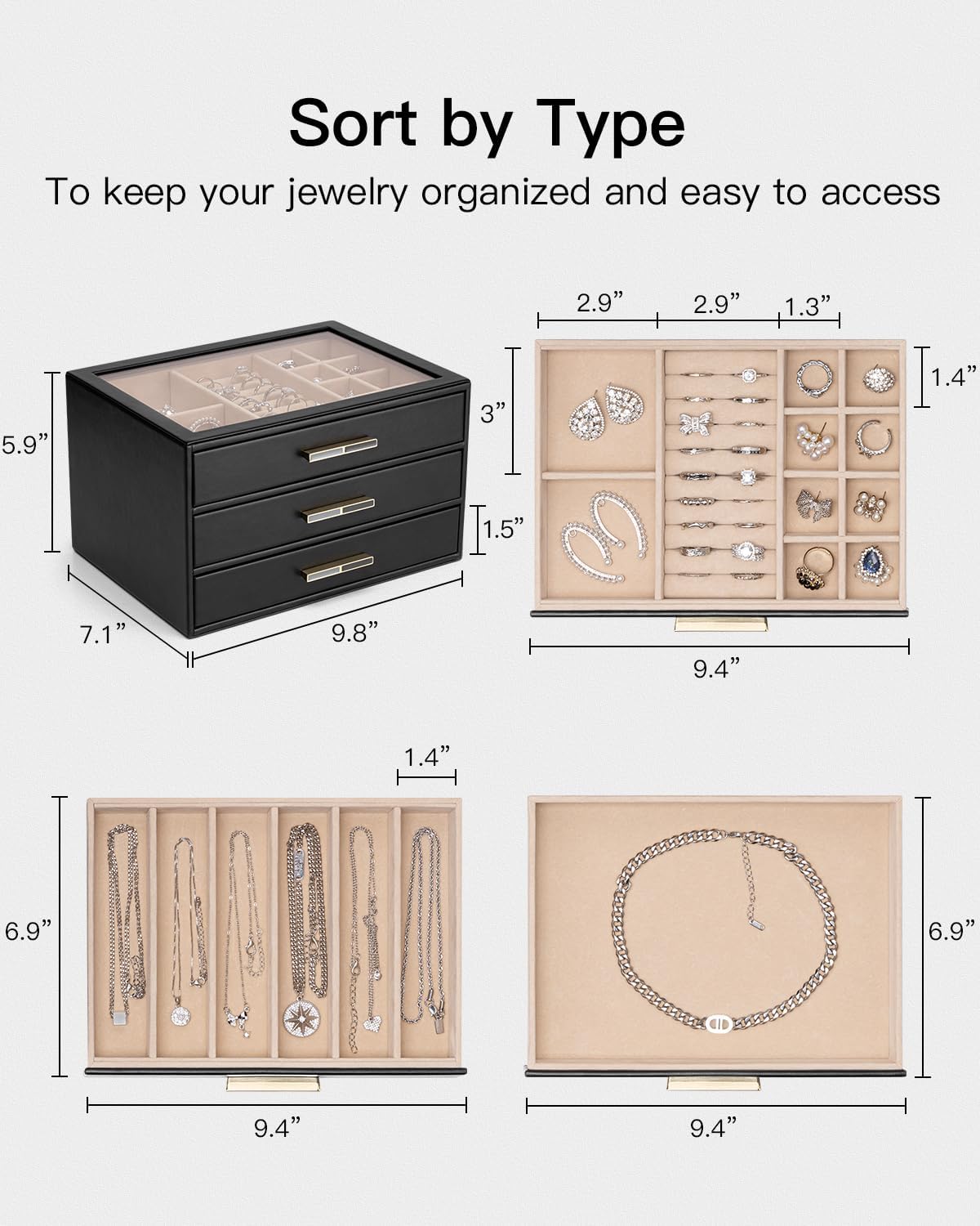 Jewelry Box for Women, Glass Lid Jewelry Organizer with 3 Drawers for Necklaces Rings Earrings Bracelets-Black