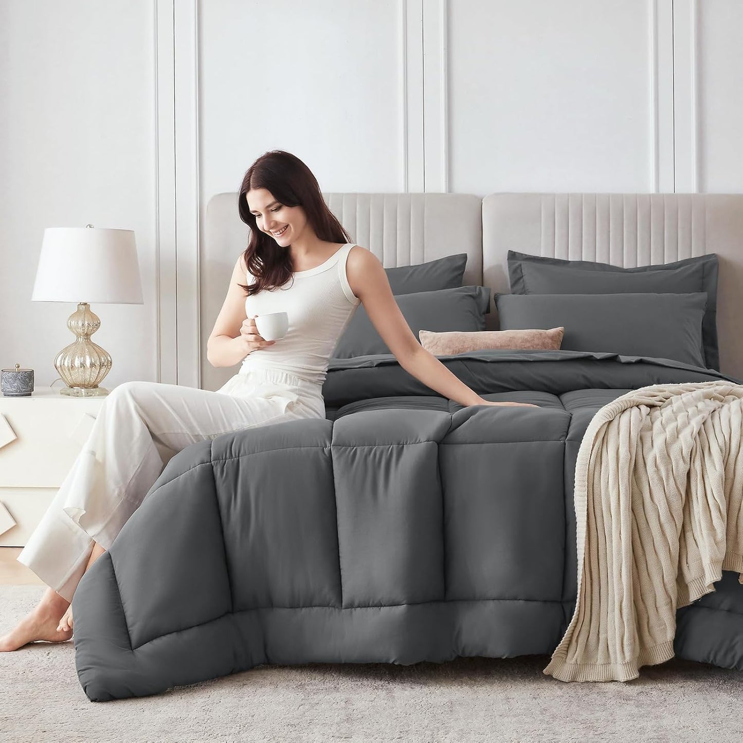 Queen Comforter Set, 7 count Bed in a Bag Queen, Dark Grey