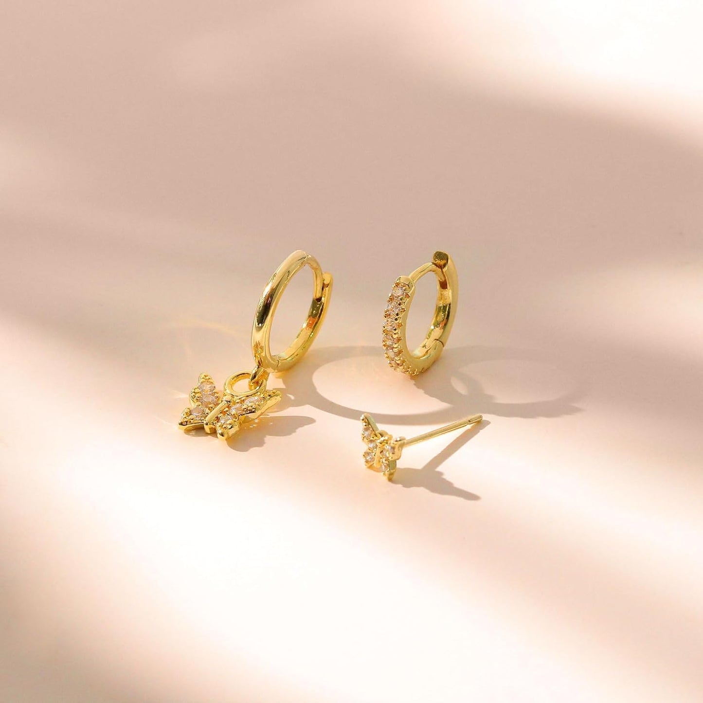 3 Pairs Small Gold Hoop Earring, 14K Gold Plated Earring Stacks Butterfly Heart Star Moon Bow Four Leaf Rhombus Round CZ Pearl