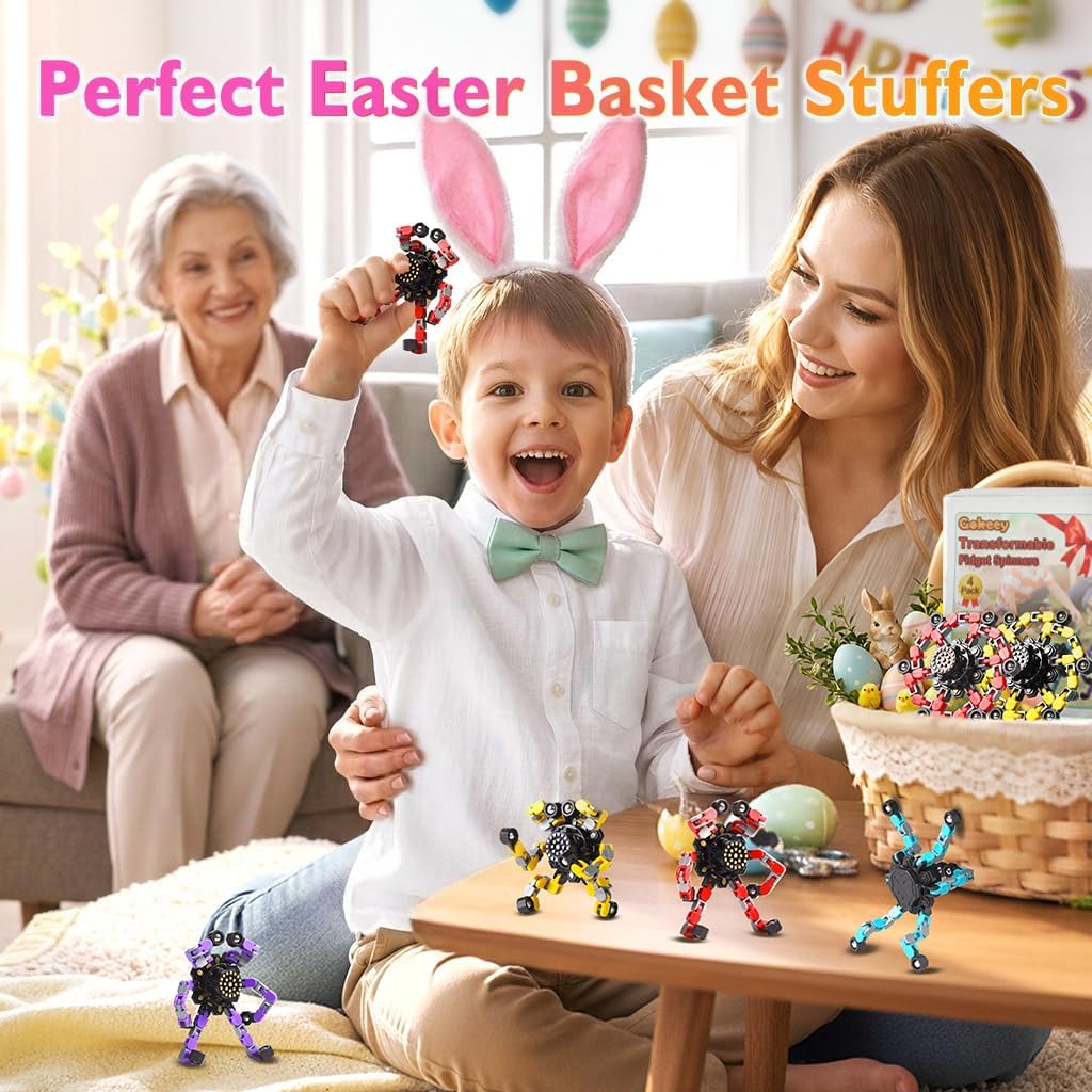 OMOMMD Easter Basket Stuffers,Transformable Fidget Spinners Toys 4 Pcs for Kids and Adults Stress Relief Sensory Toys for Boys and Girls Age 8-13 Fingertip Gyros Easter Party Favors Birthday Gifts for Teens