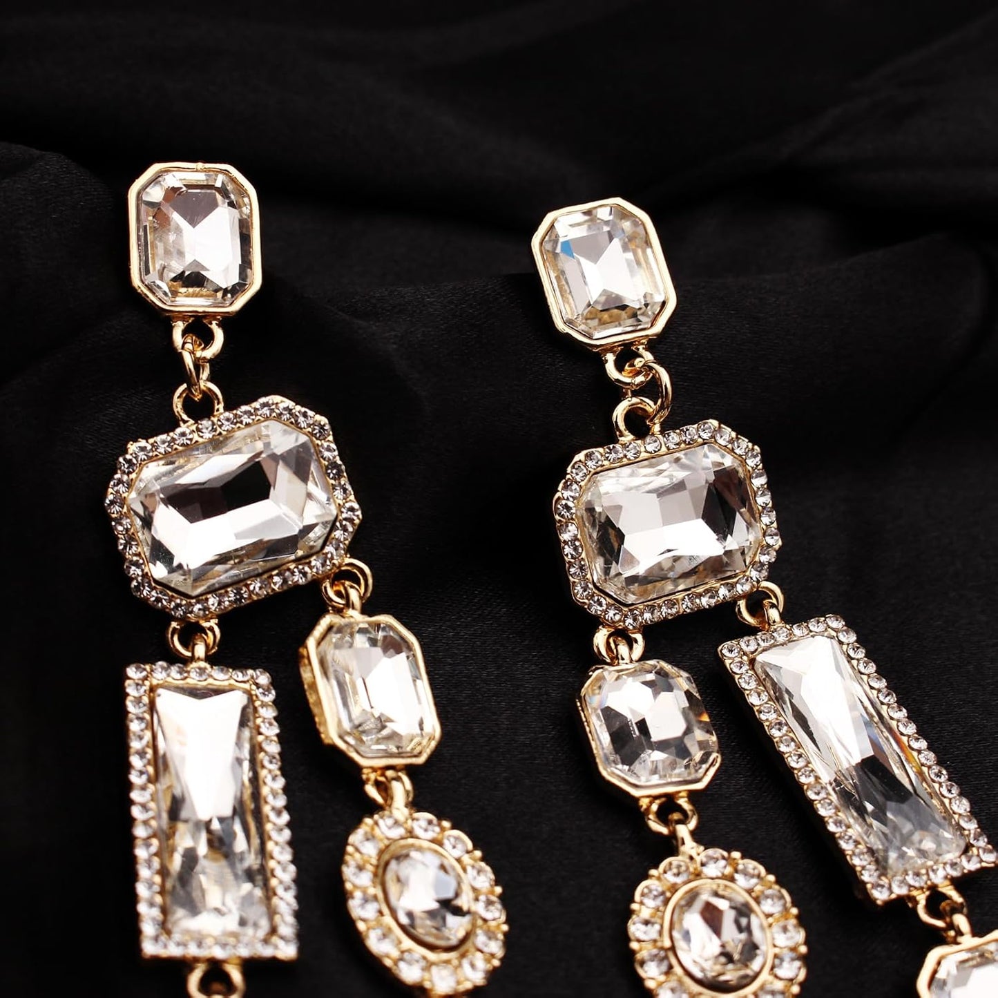Vintage Rectangle Teardrop Chandelier Earrings, Art Deco Wedding Austrian Crystal Drop Dangle Earrings for Women Party Prom