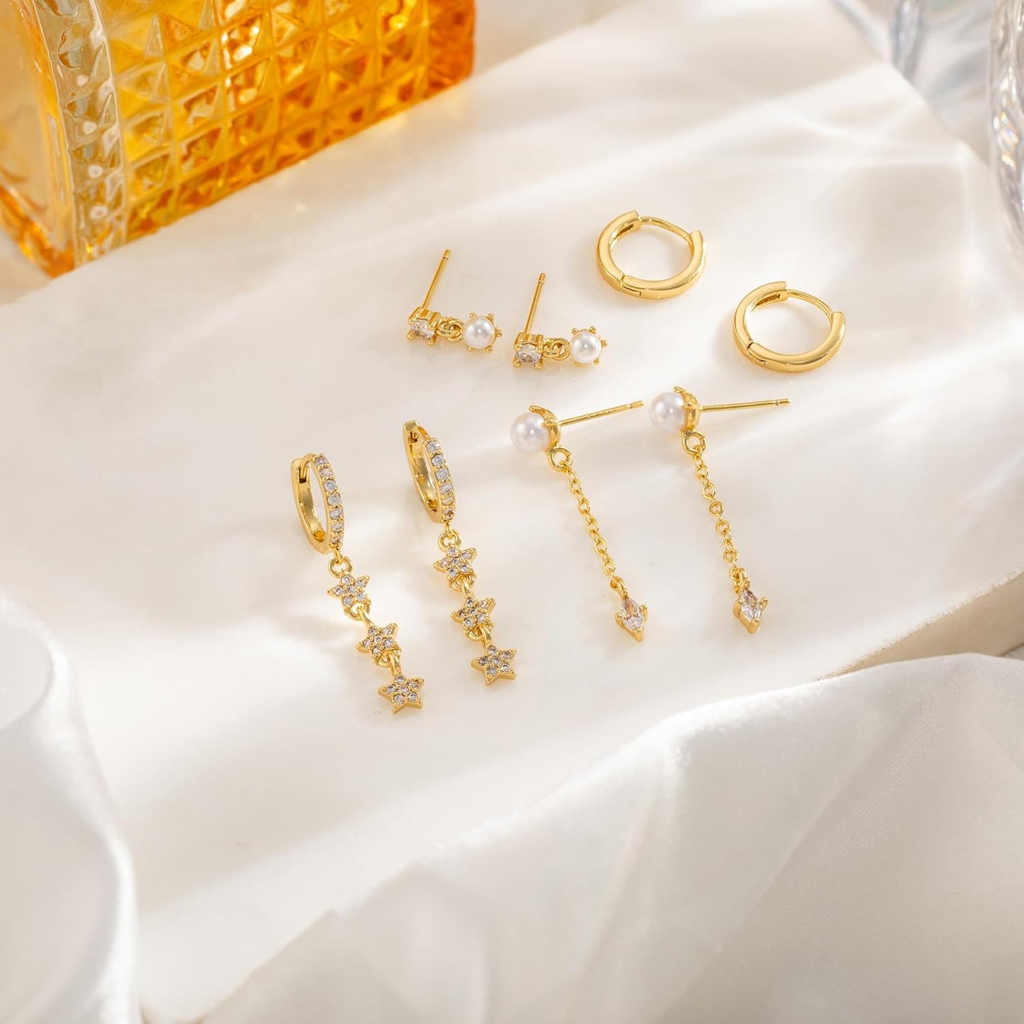 Pearl Dangle Hoop Earrings for Women - Dainty14K Gold Plated Small Drop Chain Hoops Trendy Earring Sets for
