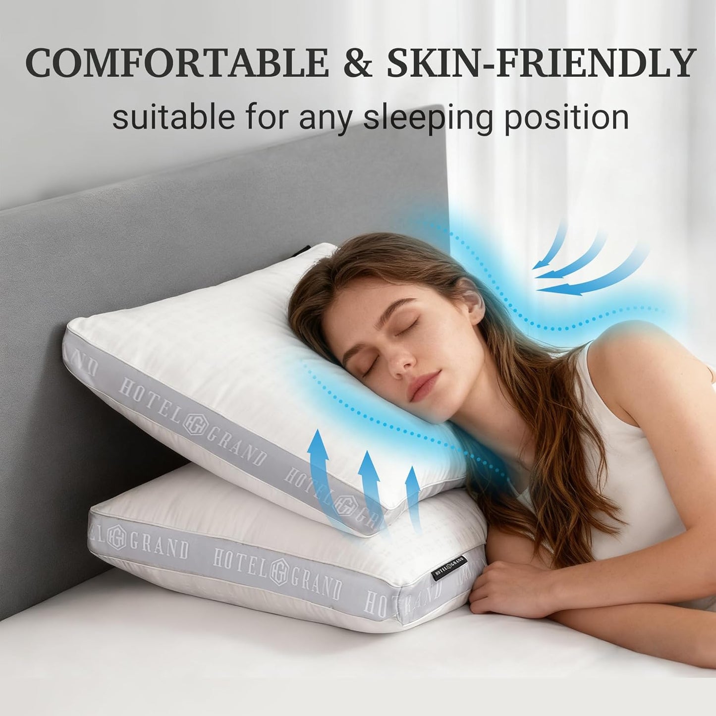 Bed Pillows Queen Size Set of 2, 500 Thread Count Cotton Cover, Down Alternative Hotel Pillow for Side, Back, or Stomach Sleepers, Medium Firm Hypoallergenic 18”x26”