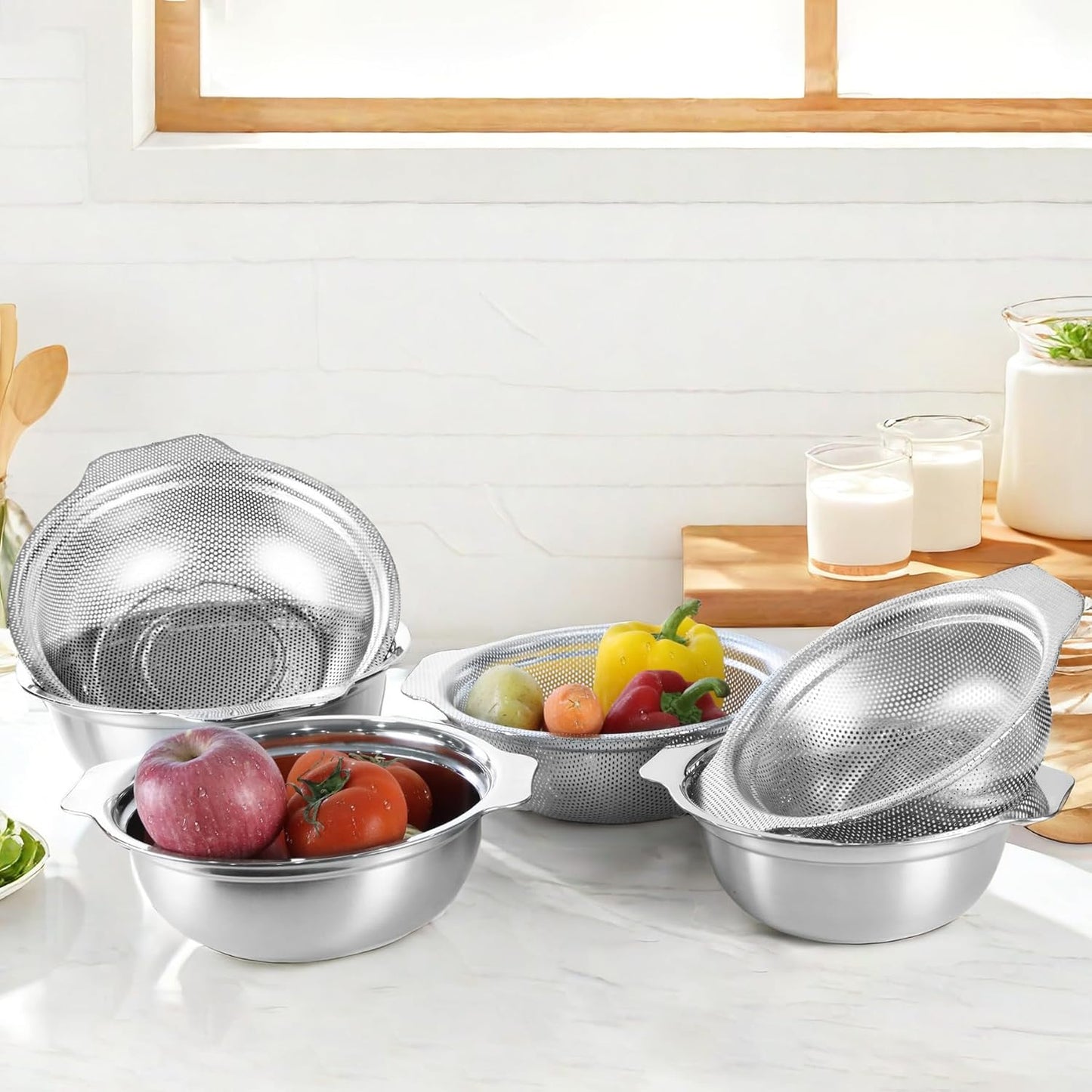 Colander Bowl Set with Microporous for Washing Rice, Pasta, Spaghetti, Fruits, Dishwasher Safe(2PC)