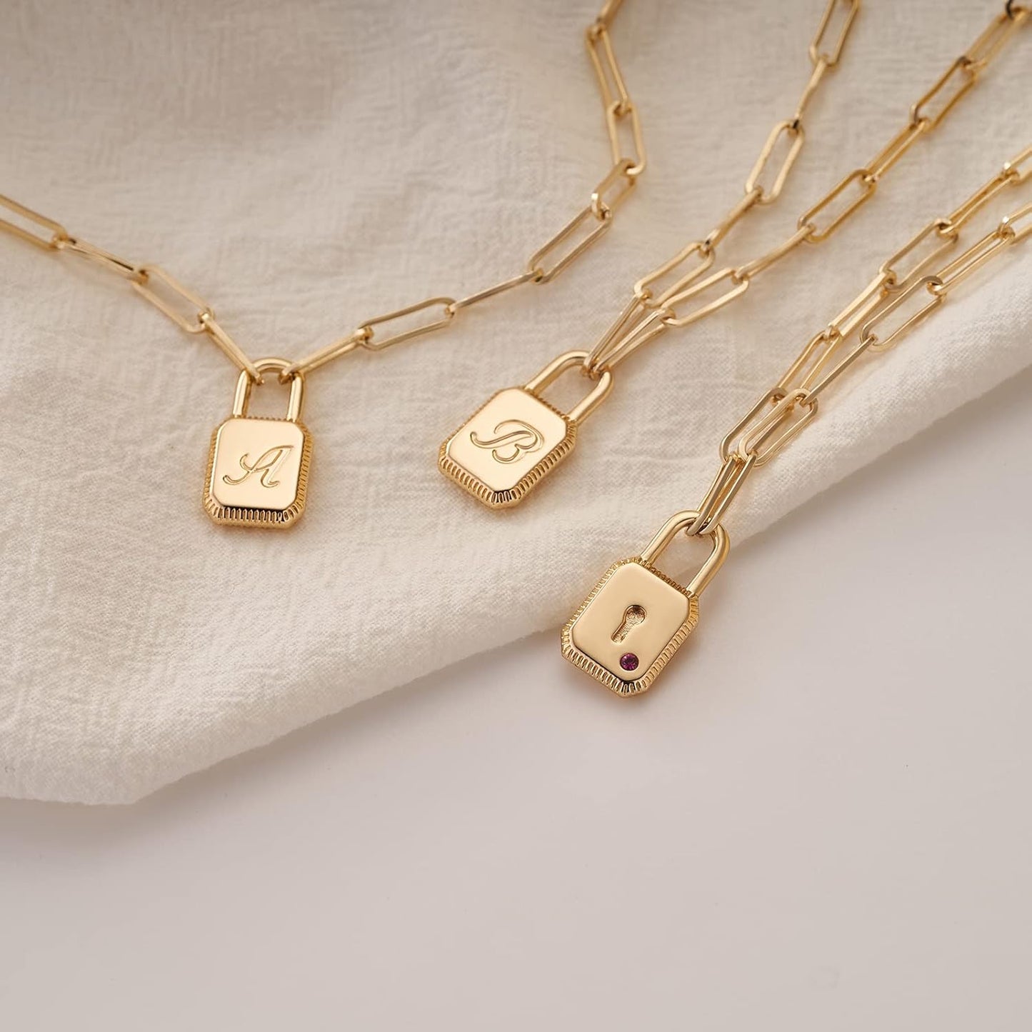 Lock Necklace, 14K Gold Plated Adjustable Paperclip Chain Dainty Lock Pendant Necklace Personalized Engraved Letter Jewelry for Women