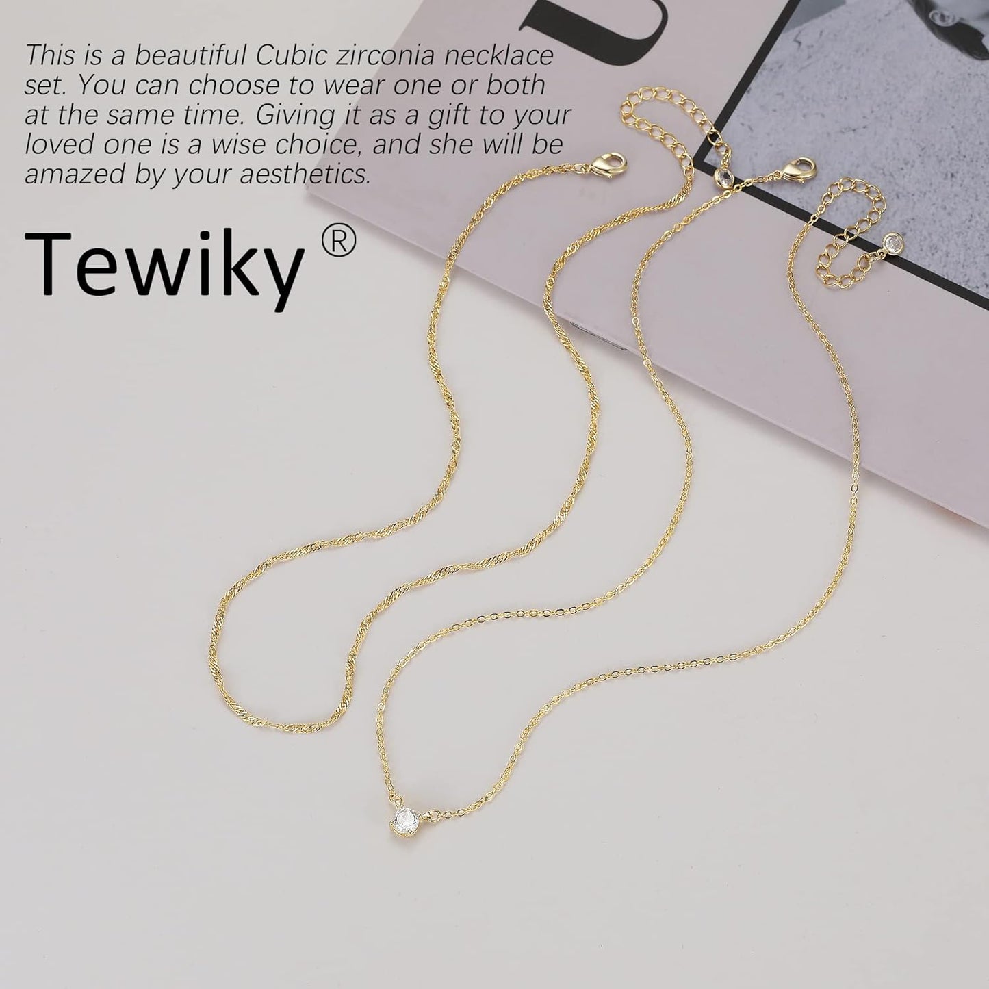 "TEWIKY DIAMOND NECKLACES FOR WOMEN - 14K GOLD/STERLING SILVER CHOKER, DAINTY GOLD PLATED CZ JEWELRY, TRENDY GIFT"