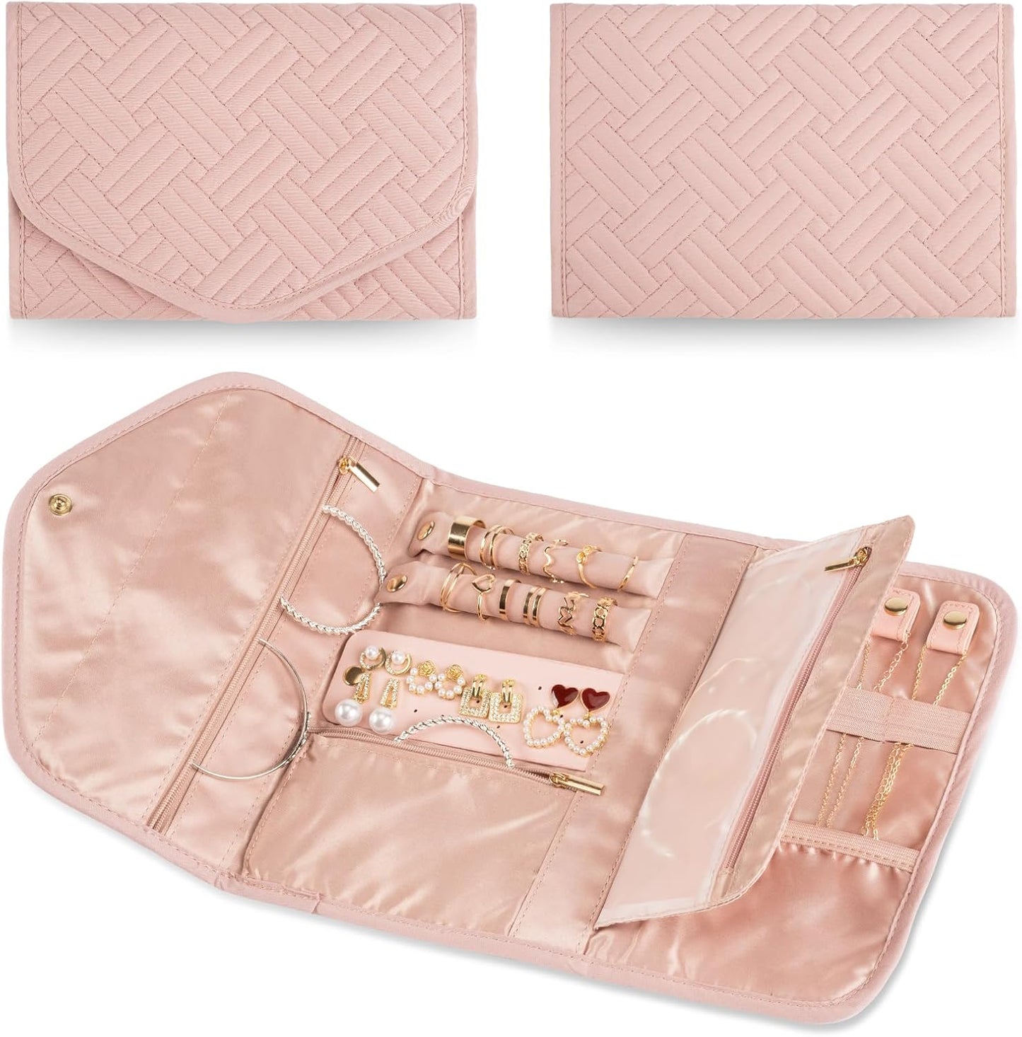 Anti-Tangle Foldable Small Jewelry Roll Travel Case Accessory for Necklaces, Earrings, Rings, Bracelets, Watches