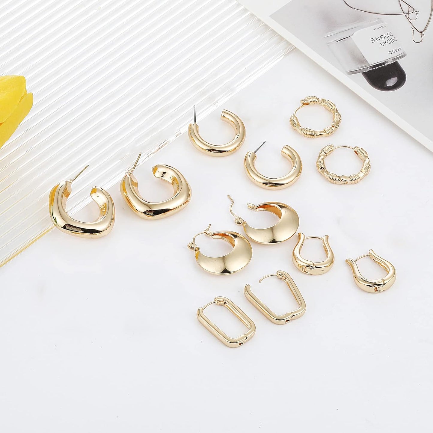 6 Pairs 14K Gold Hoop Earrings for Hoop Earrings Multipack Thick Open Twisted Huggie Hoops Earring Set Jewelry for Gifts.