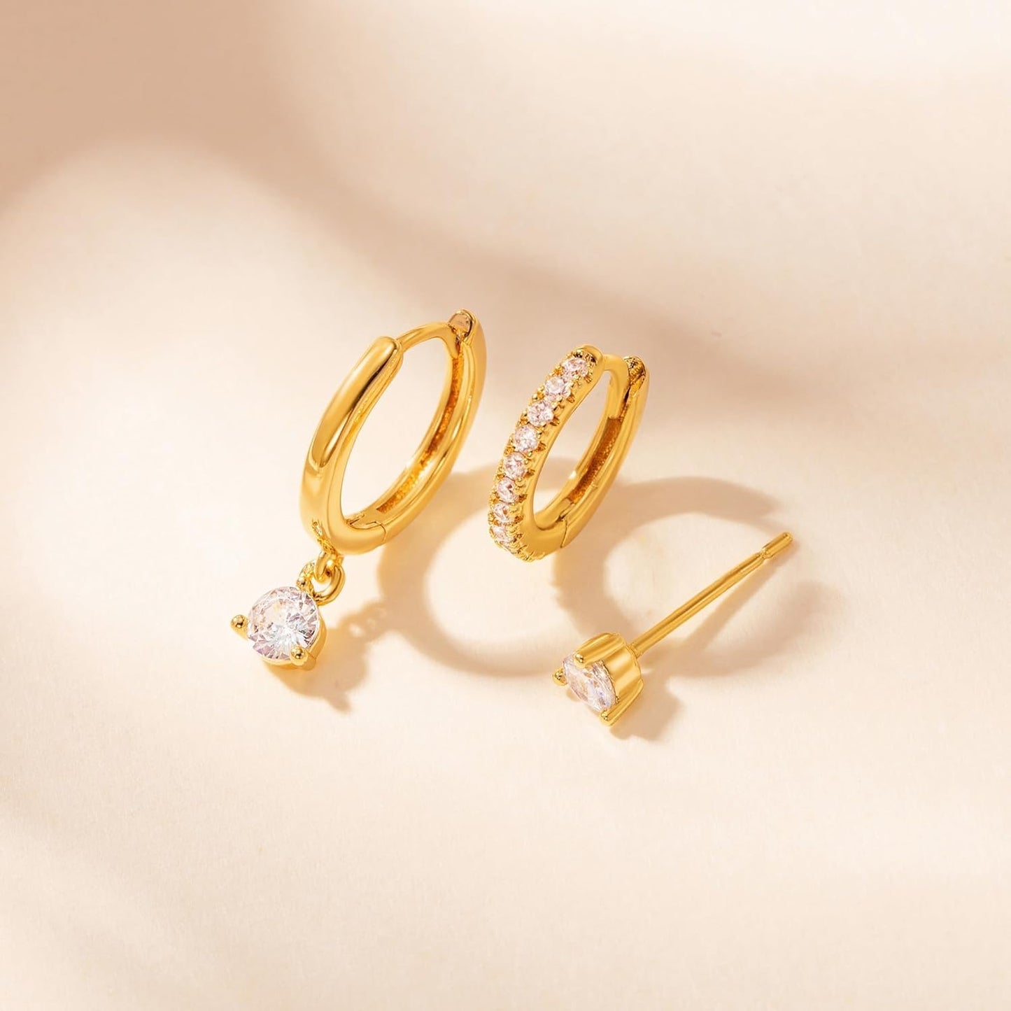 3 Pairs Small Gold Hoop Earring, 14K Gold Plated Earring Stacks Butterfly Heart Star Moon Bow Four Leaf Rhombus Round CZ Pearl