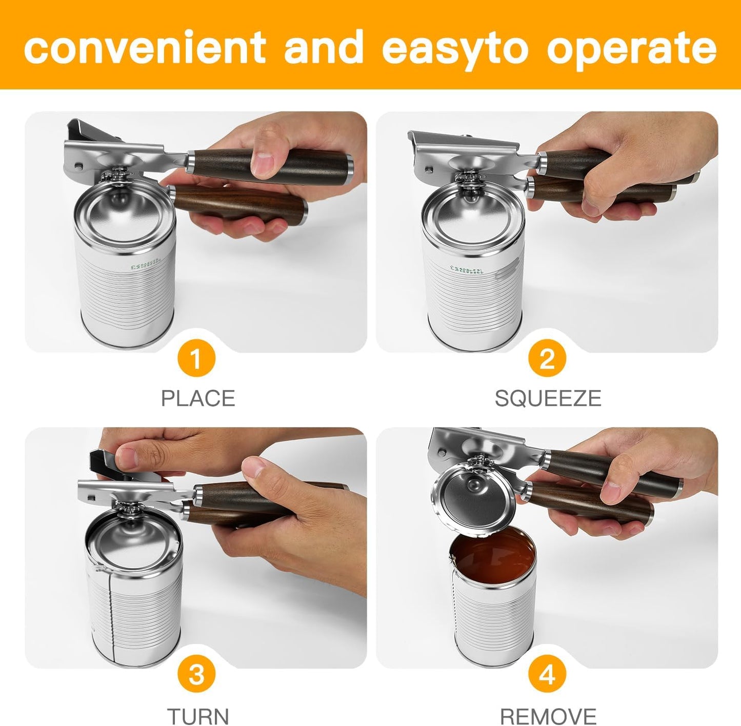 Manual Can Opener with Solid Wood Handle, Sharp Smooth Edge Blade