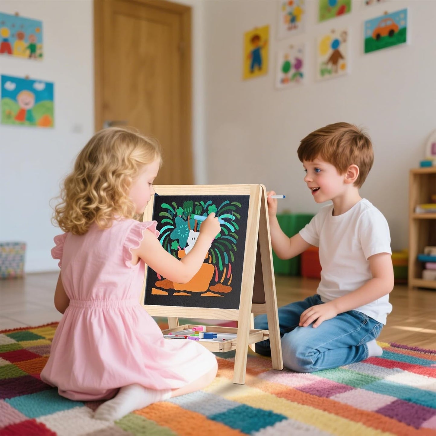 OMOMMD Tabletop Wooden Art Painting Easel for Kids 2-4, Chalkboard & Double-Sided Drawing Whiteboard for Toddlers, 4-in-1 Desk Easel with Magnetic Letters/Numbers & Flashcards Markers, Eraser