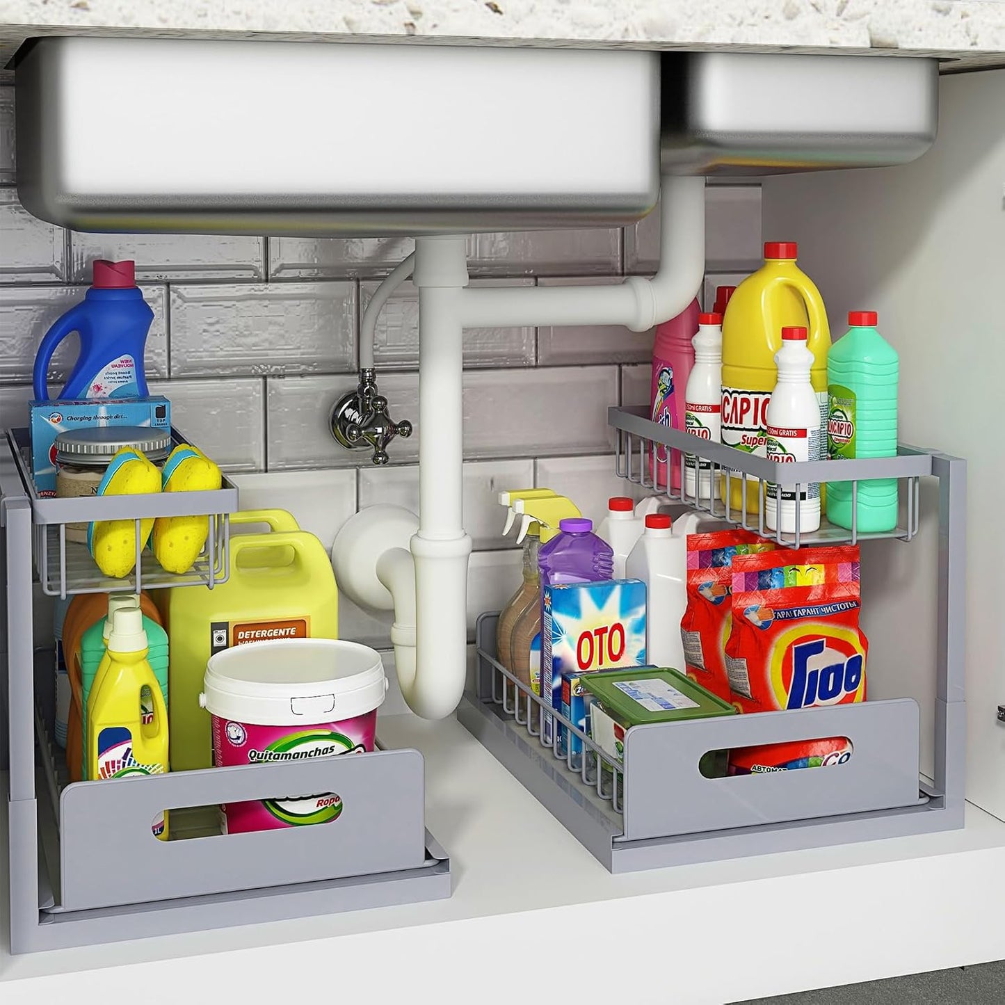 Under Sink Organizer, Pull Out Cabinet Organizer 2 Tier Slide Out Sink Shelf Cabinet Storage Shelves,2 Pack