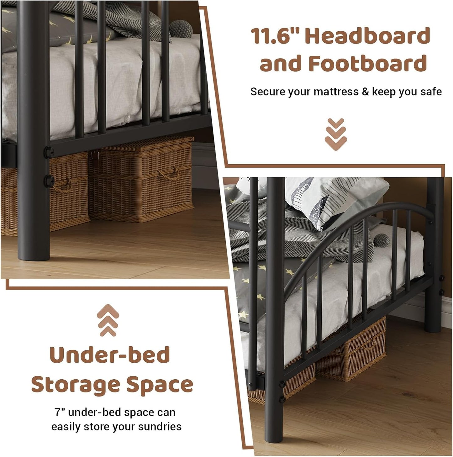 Metal Bunk Bed Twin Over Twin, Heavy Duty Bunkbeds Frame with Arched Guardrail and Safety Ladder, Sturdy Steel Bed for Kids Boys Girls, Space-Saving, No Box Spring Needed, Modern Black