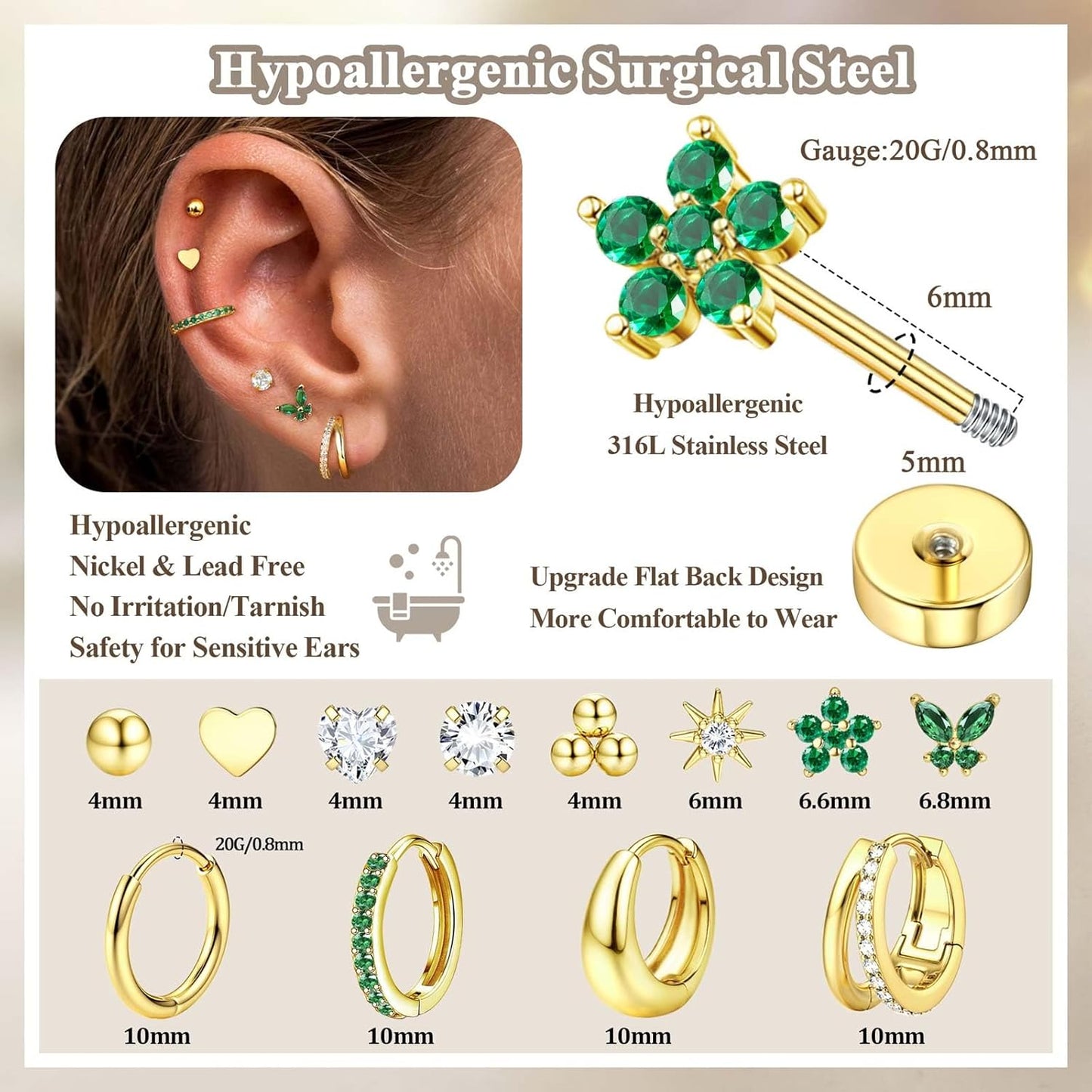 Jstyle Hypoallergenic Gold Stud Hoop Earrings for Women Men Surgical Stainless Steel Flat Back Earrings Small 14K Gold Huggie Hoops