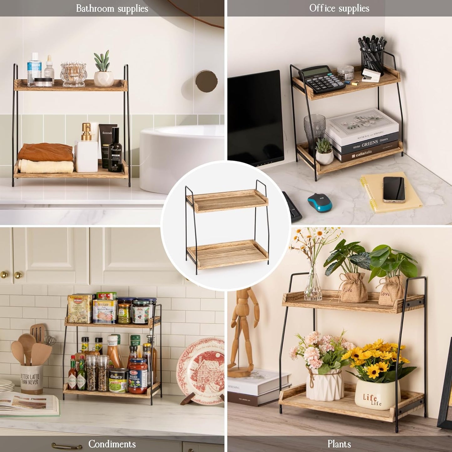 Countertop Coffee Station Organizer, 2 Tier Wooden Shelf for Coffee Bar Accessories, Condiment Storage Caddy