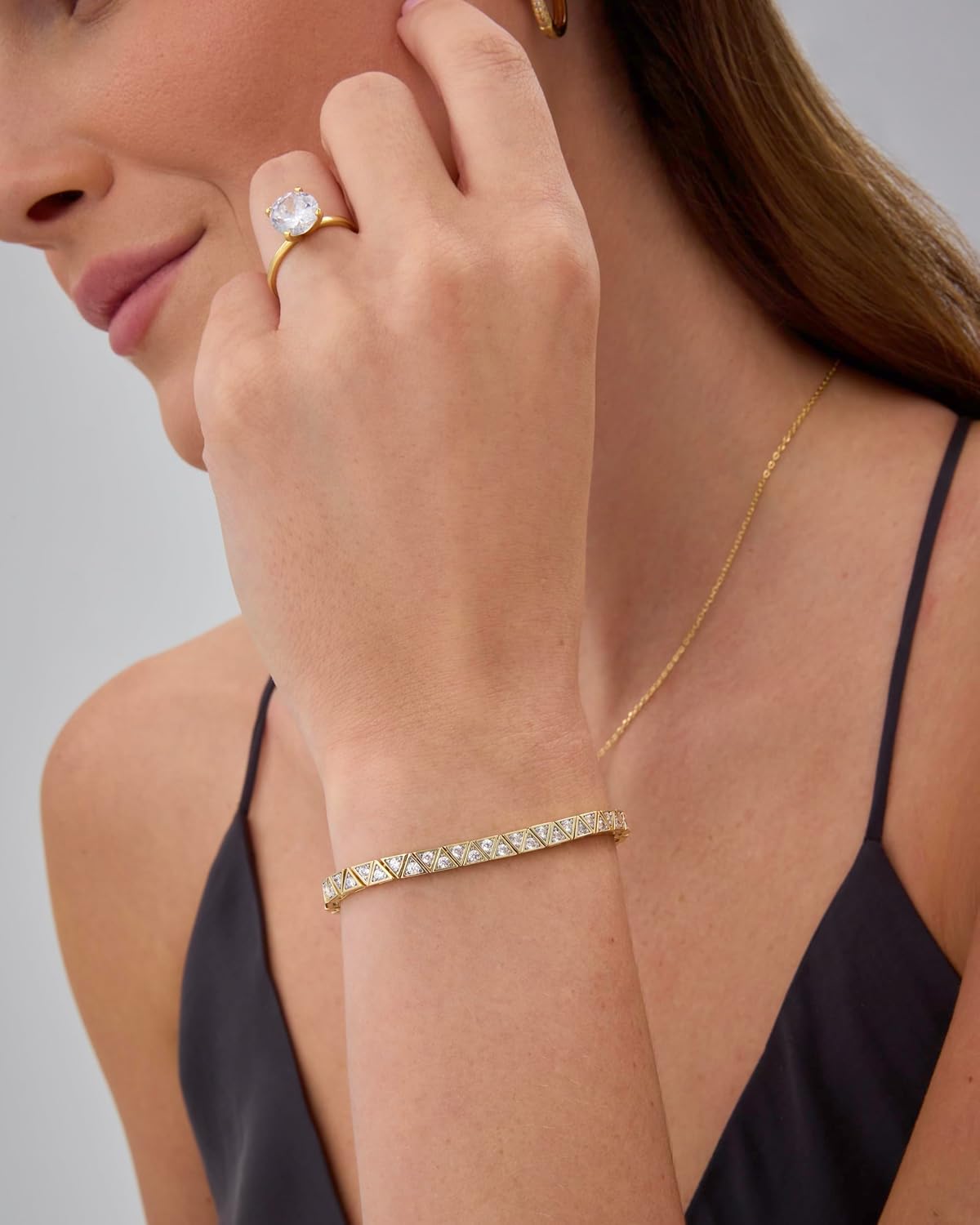 14K-18K Gold Plated Simulated Diamonds Bezel Set Tennis - Round Pear Heart Statement Bride Gold Bracelet Stack - Sizes 6.5-7.5 Inch