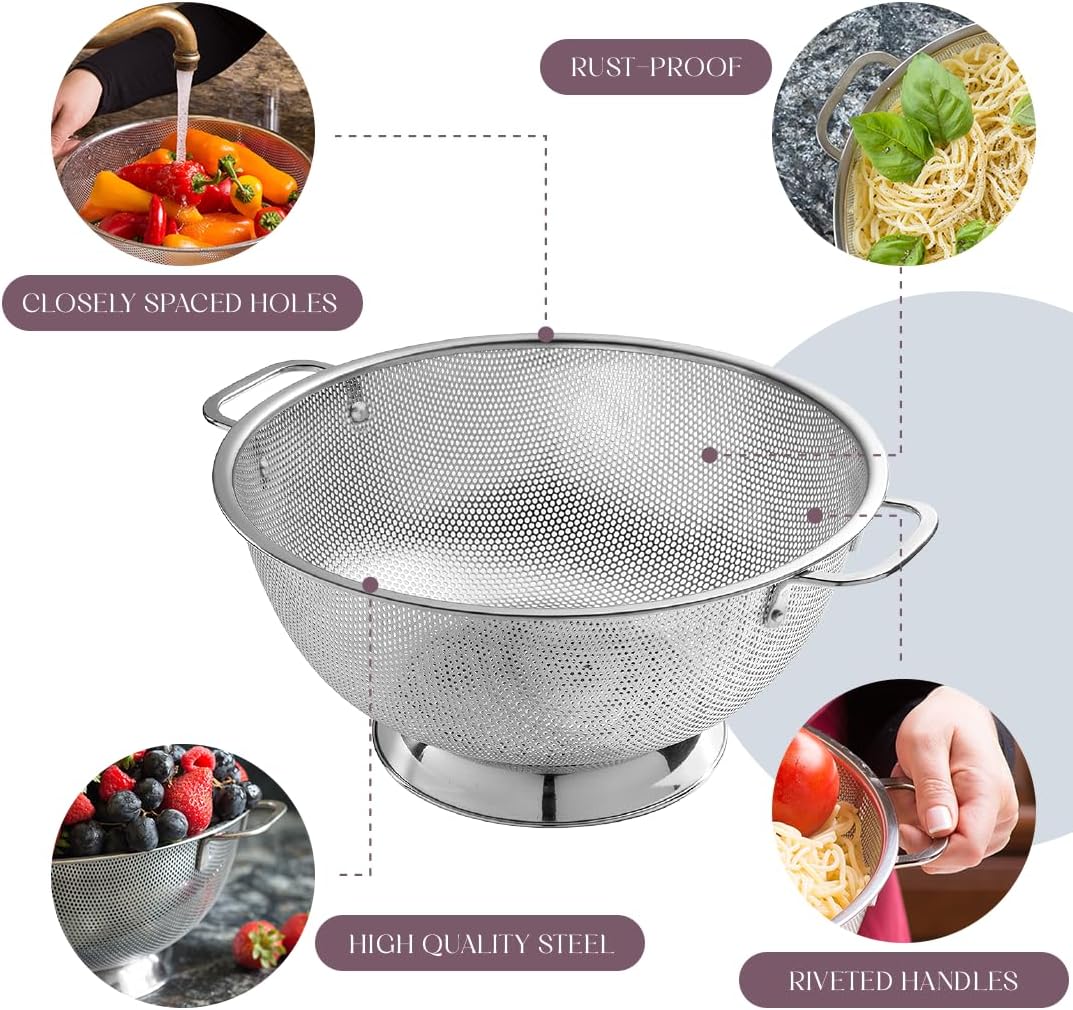 18/8 Pasta Strainer Bowl for Pasta, Spaghetti, Vegetables, Fruit, and Pot Draining - Stainless Steel Colander