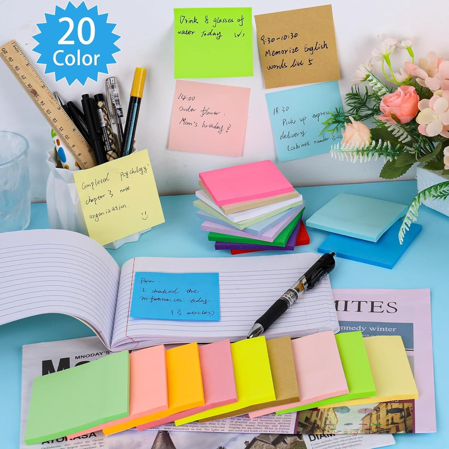 OMOMMD 100 Pack Sticky Notes Bulk 3 x 3 in Self-Stick Note Pads Colorful Posted Note in 20 Colors Adhesive Paper Memo 50 Sheets/Pad Easy to Post for Office Home School Meetings Notebook Wall Door Window