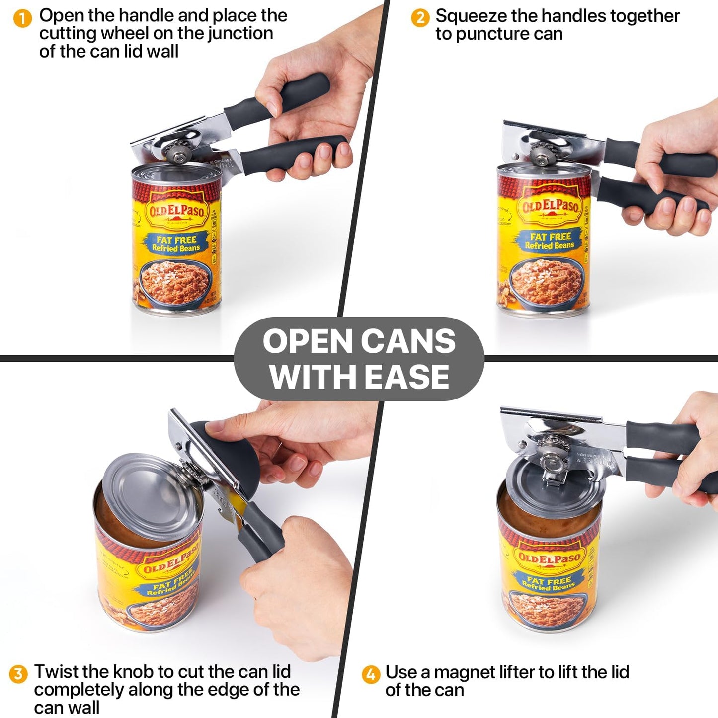 Can Opener Manual Heavy Duty, Solid Steel Hand Manual Can Open with Magnet for Kitchen Camping, Gray