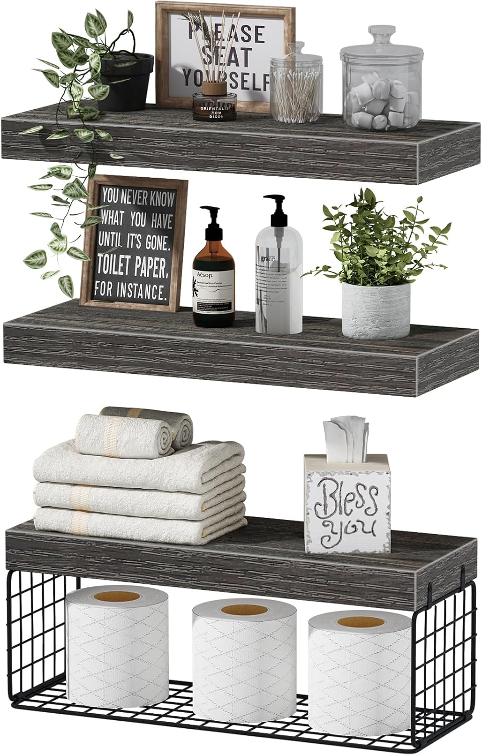 Bathroom Shelves Over Toilet - Wall Mounted Floating Shelves 16 inch Set of 3