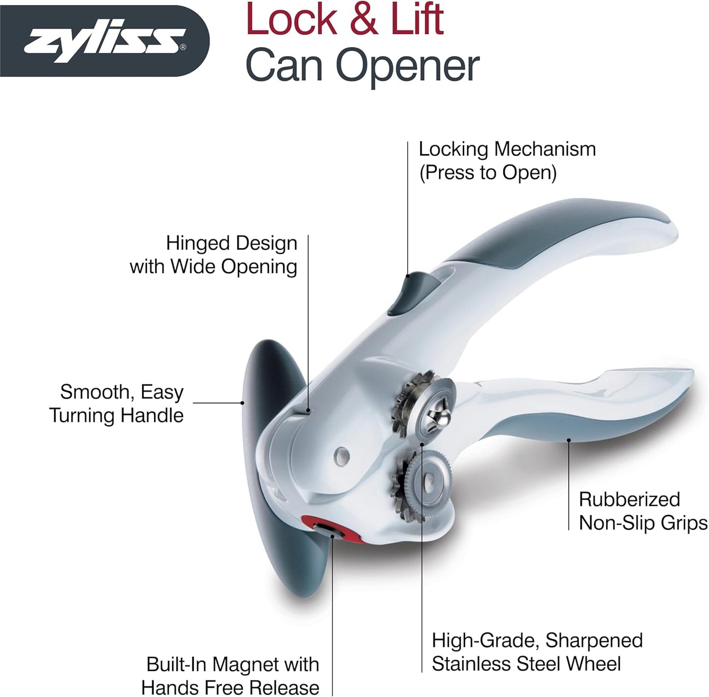 Manual Opener with Locking Mechanism - Easy-to-Turn - Magnetic Can Opener