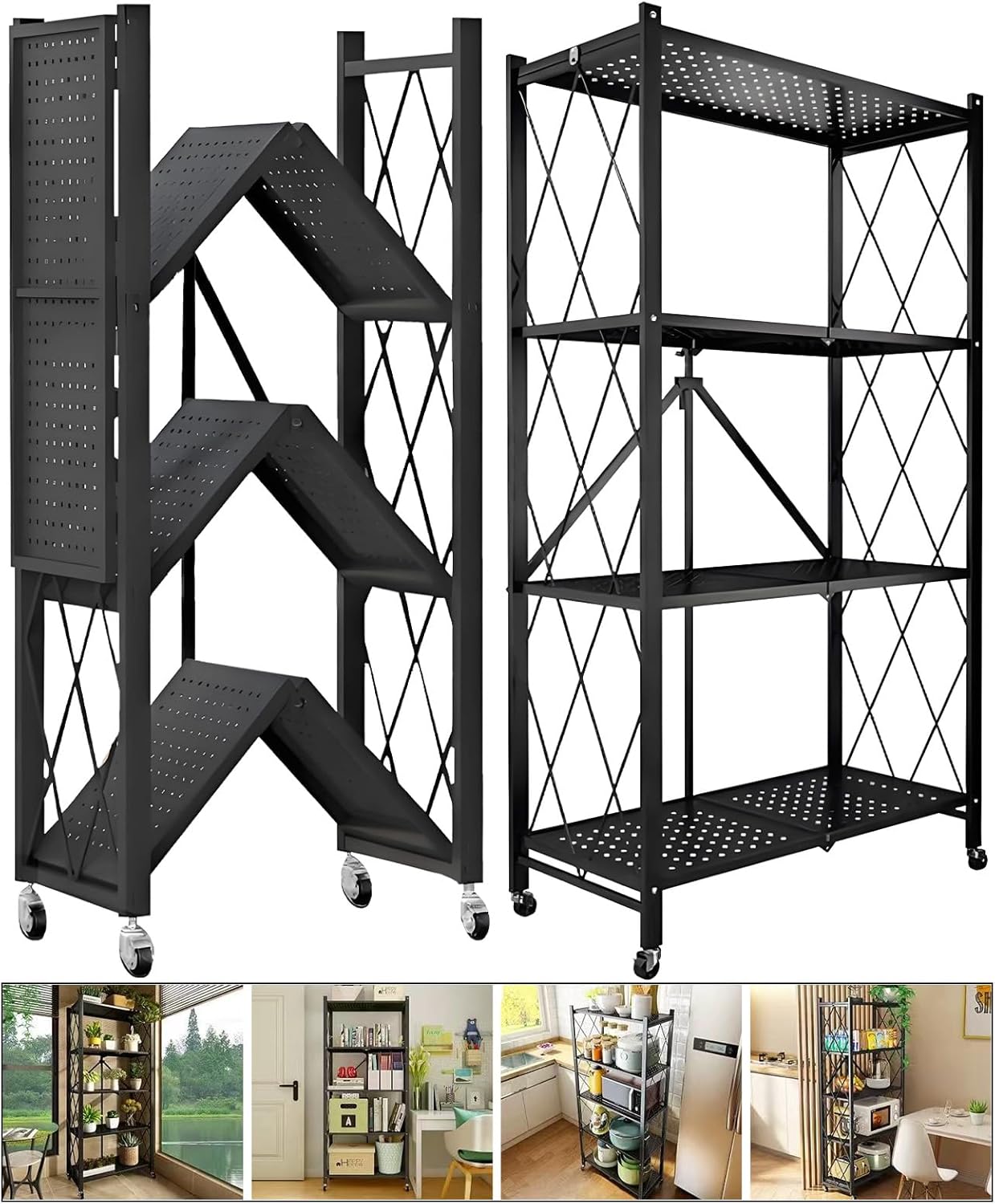 4-Tire Storage Shelves Organizer, Foldable Metal Garage Shelving, Stand on Wheels