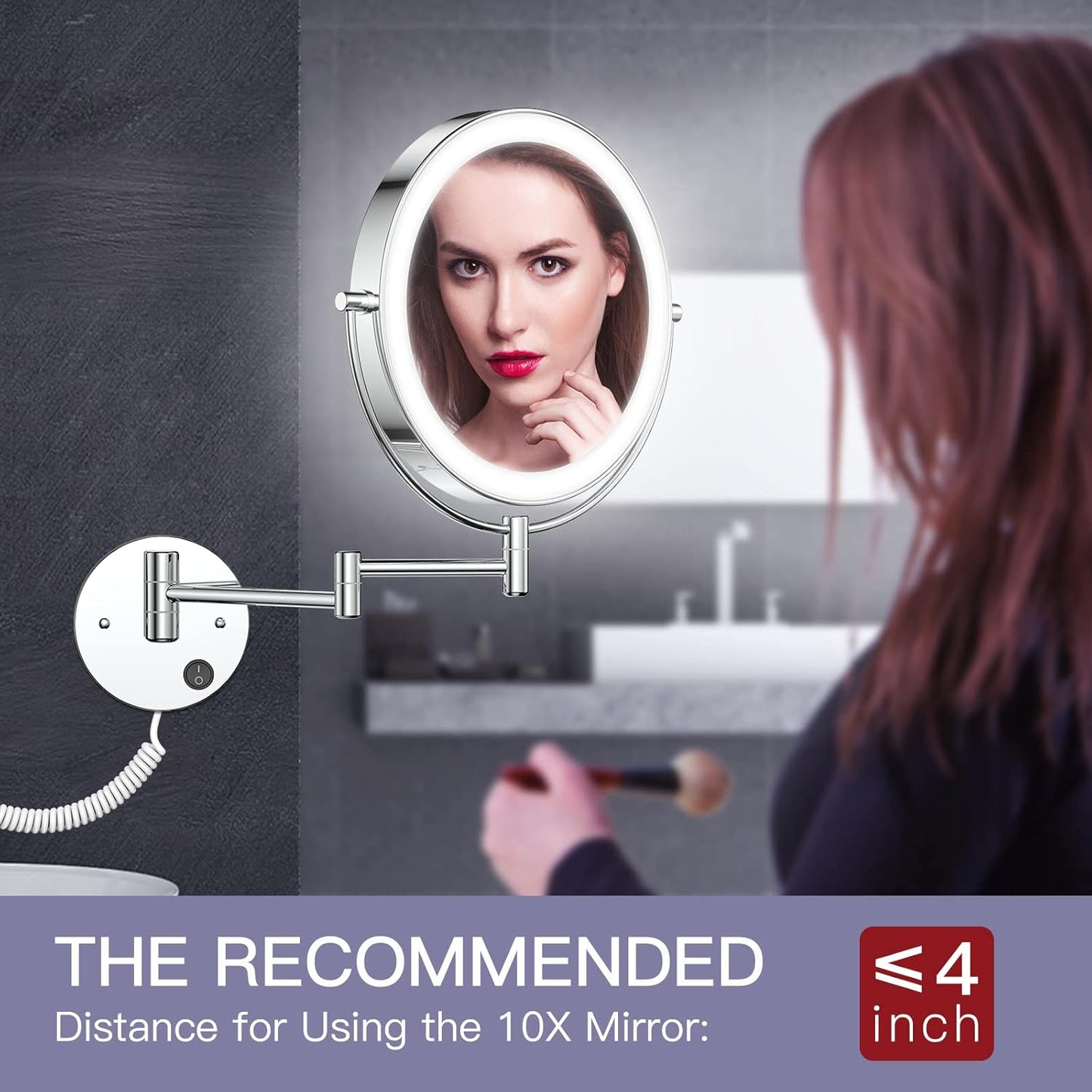 9" Large Size Wall Mounted Lighted Makeup Vanity Mirror, 1X/10X Magnifying Bathroom Mirror