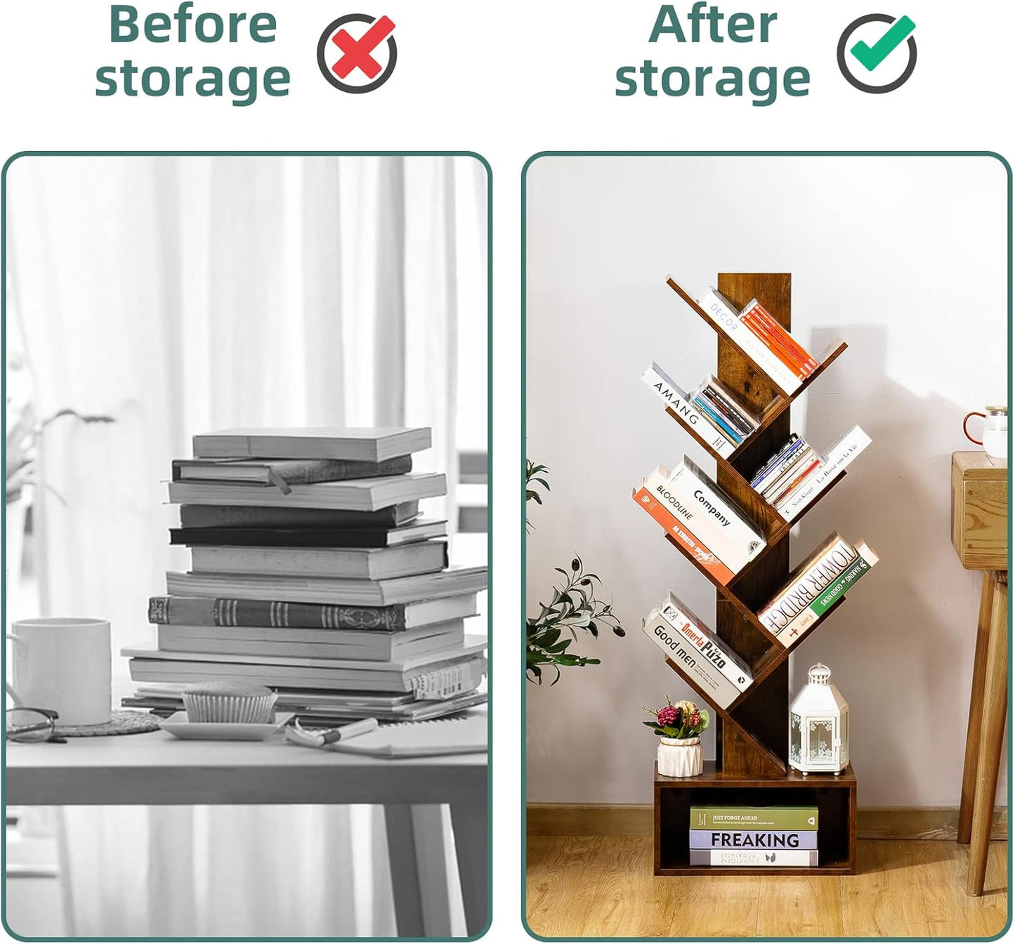 Tree Bookshelf - 6 Shelf Retro Floor Standing Bookcase, Utility Book Organizer Shelves