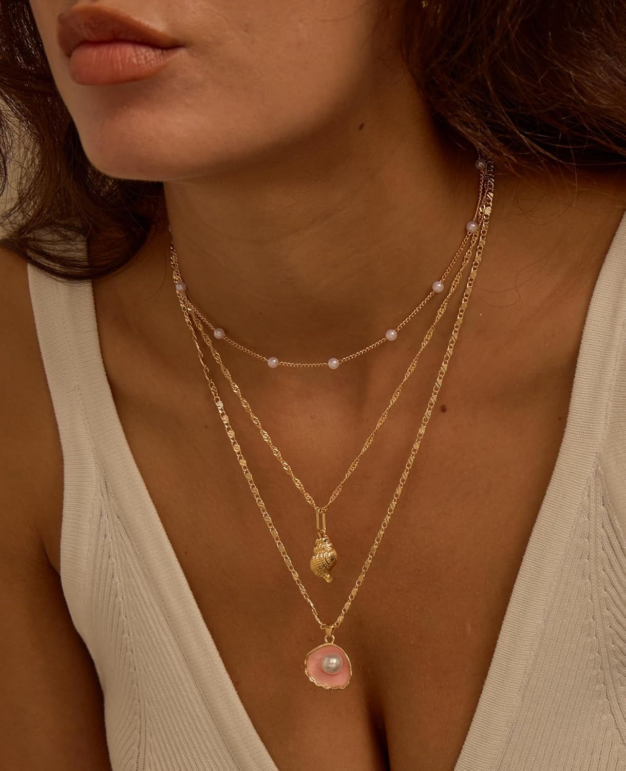 Layered Gold Shell Necklace With Conch & Starfish Pendant - Boho Non-Tarnish Summer Beach Vacation Jewelry Gift For Women