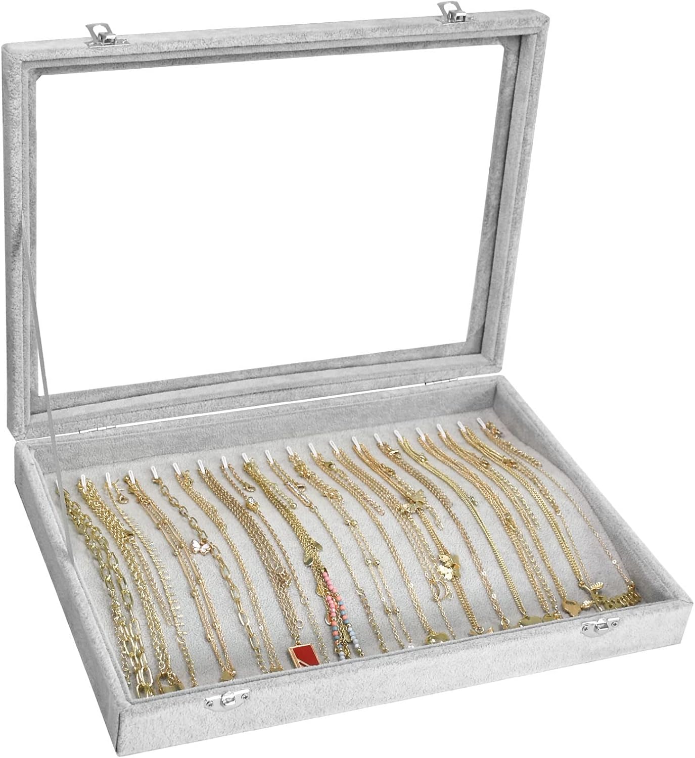 20 Hooks Jewelry Tray with Transparent Lid - Display Box for Necklaces, Pendants