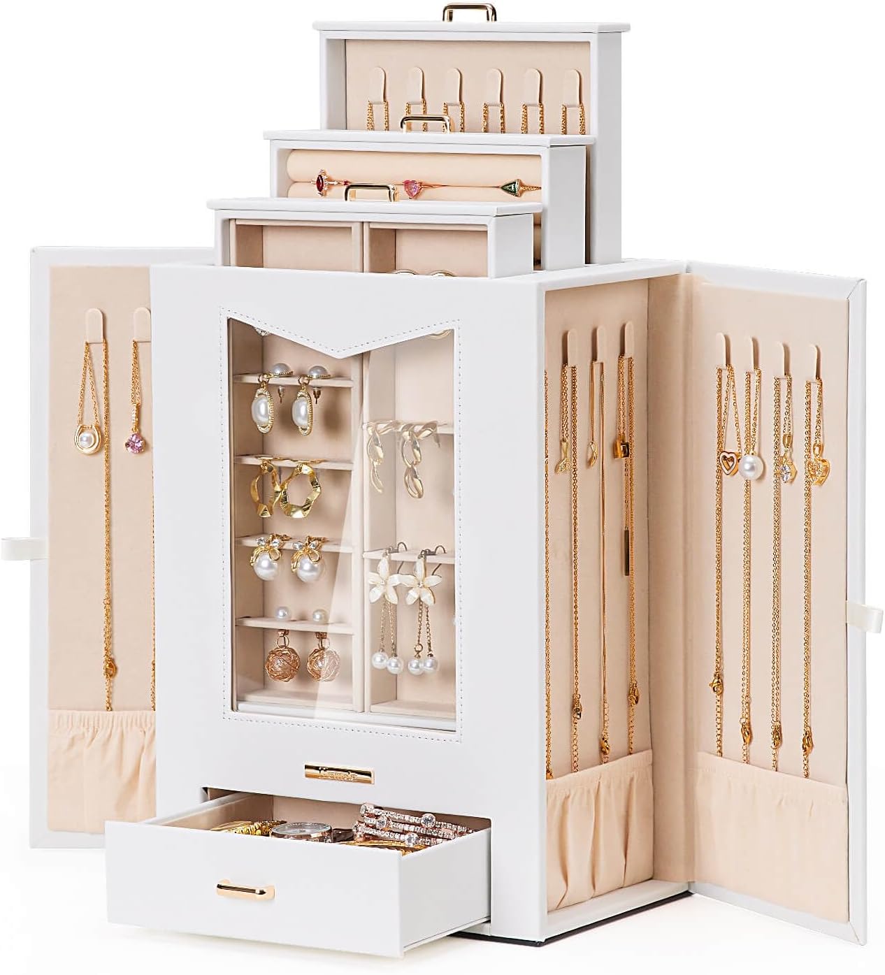Jewelry Organizer with Transparent Window Necklace Hooks Jewelry Box for Necklaces Rings Earrings Bracelets