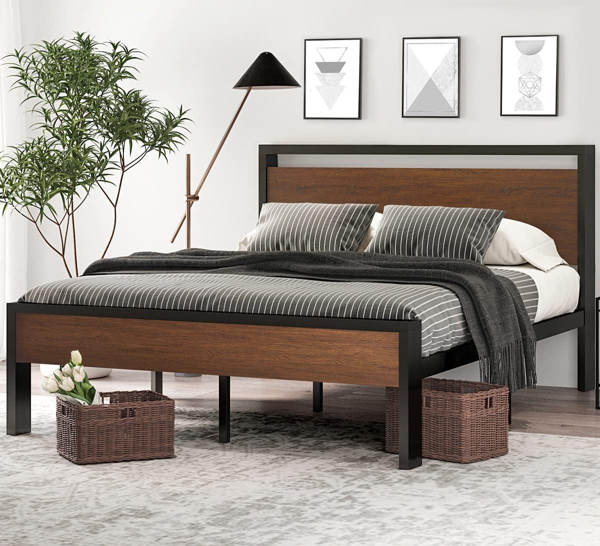 Full Size Metal Platform Bed Frame with Wooden Headboard and Footboard, Mattress Foundation, No Box Spring Needed